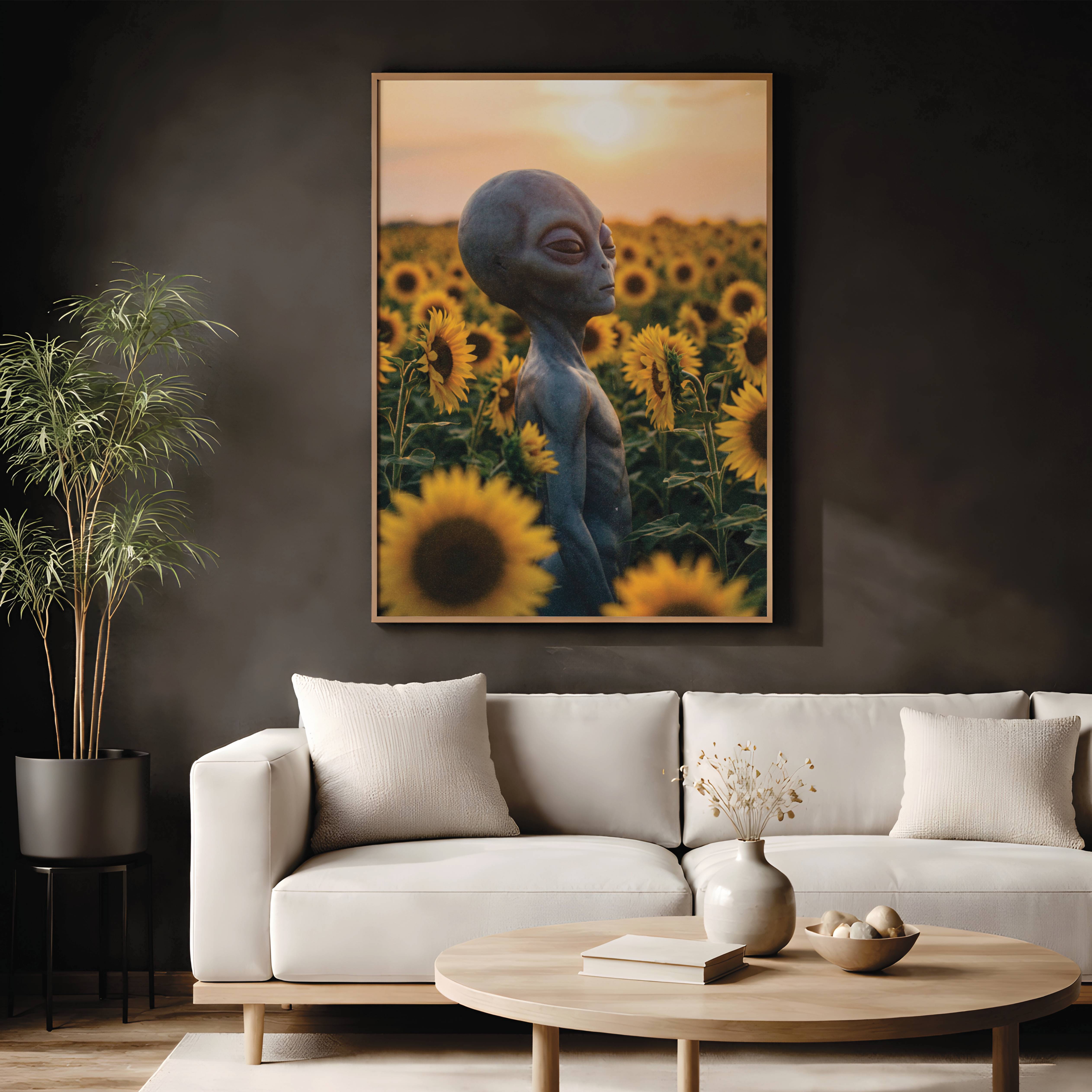 Breathtaking warm golden retro artwork of a grey alien standing in quiet contemplation among endless vibrant sunflowers at golden sunset — a beautifully serene and distinctive alien wall art print that brings natural warmth and gentle wonder to any living room – unframed retro alien poster for living room, ufoposter.com
