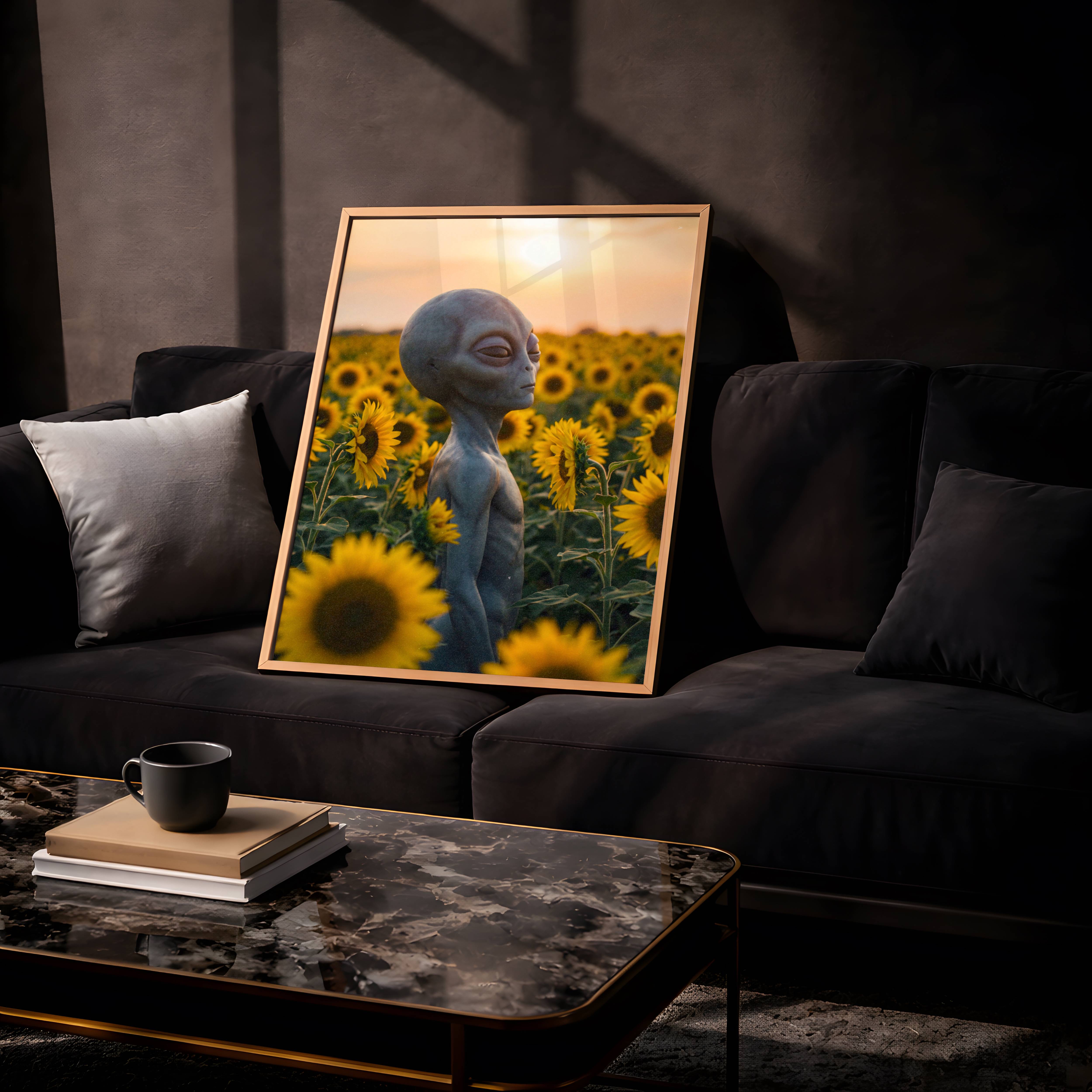 Bold warm golden retro sci-fi artwork of a grey alien standing alone in a vast sunflower field at sunset, a uniquely beautiful and deeply distinctive alien art print bringing warmth and wonder to any wall – unframed retro sci-fi statement poster, ufoposter.com