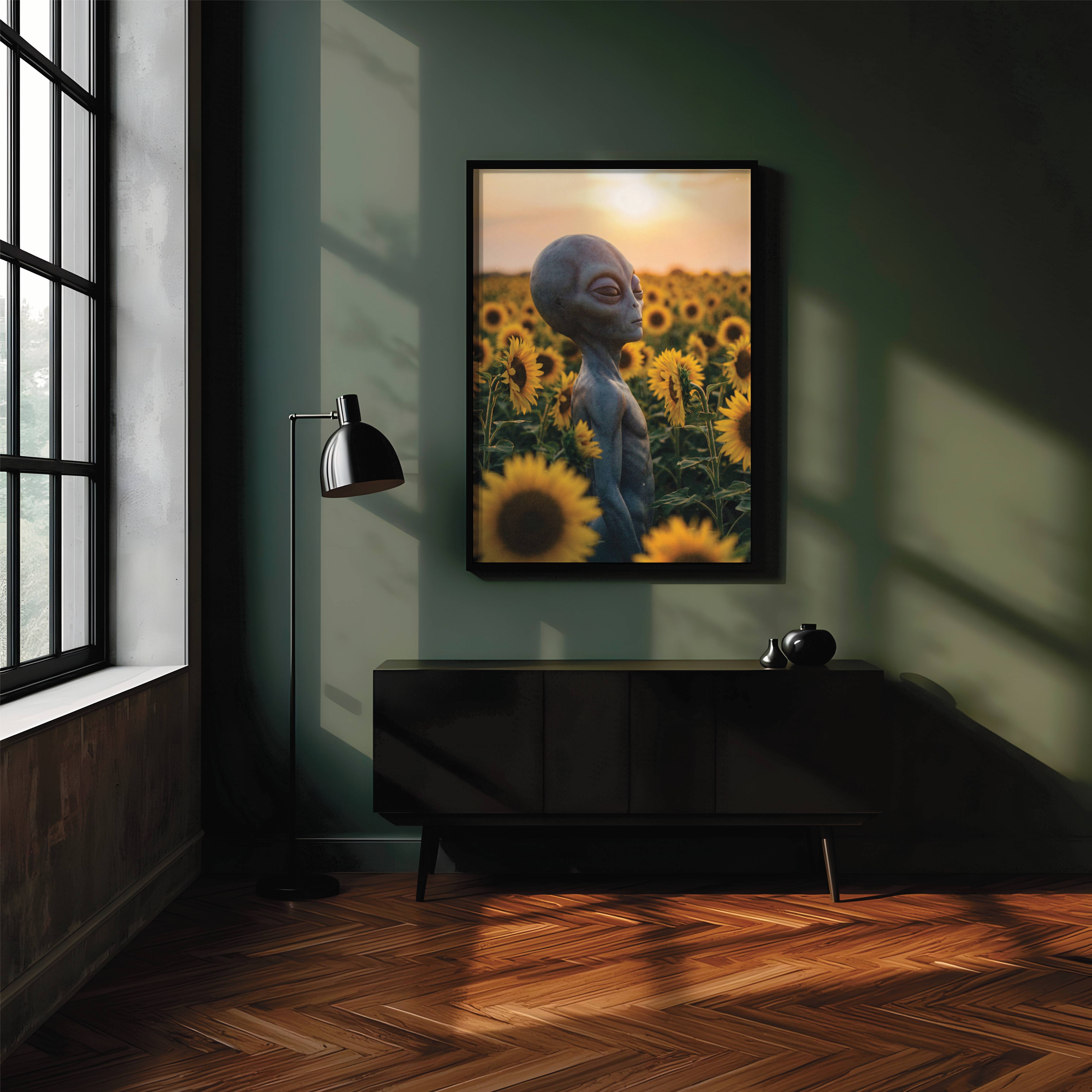 Warm golden retro artwork of a grey alien standing peacefully among tall sunflowers in a vast field at sunset, face tilted gently toward the glowing amber sky in a serene and quietly beautiful sci-fi composition – unframed retro alien wall poster, ufoposter.com