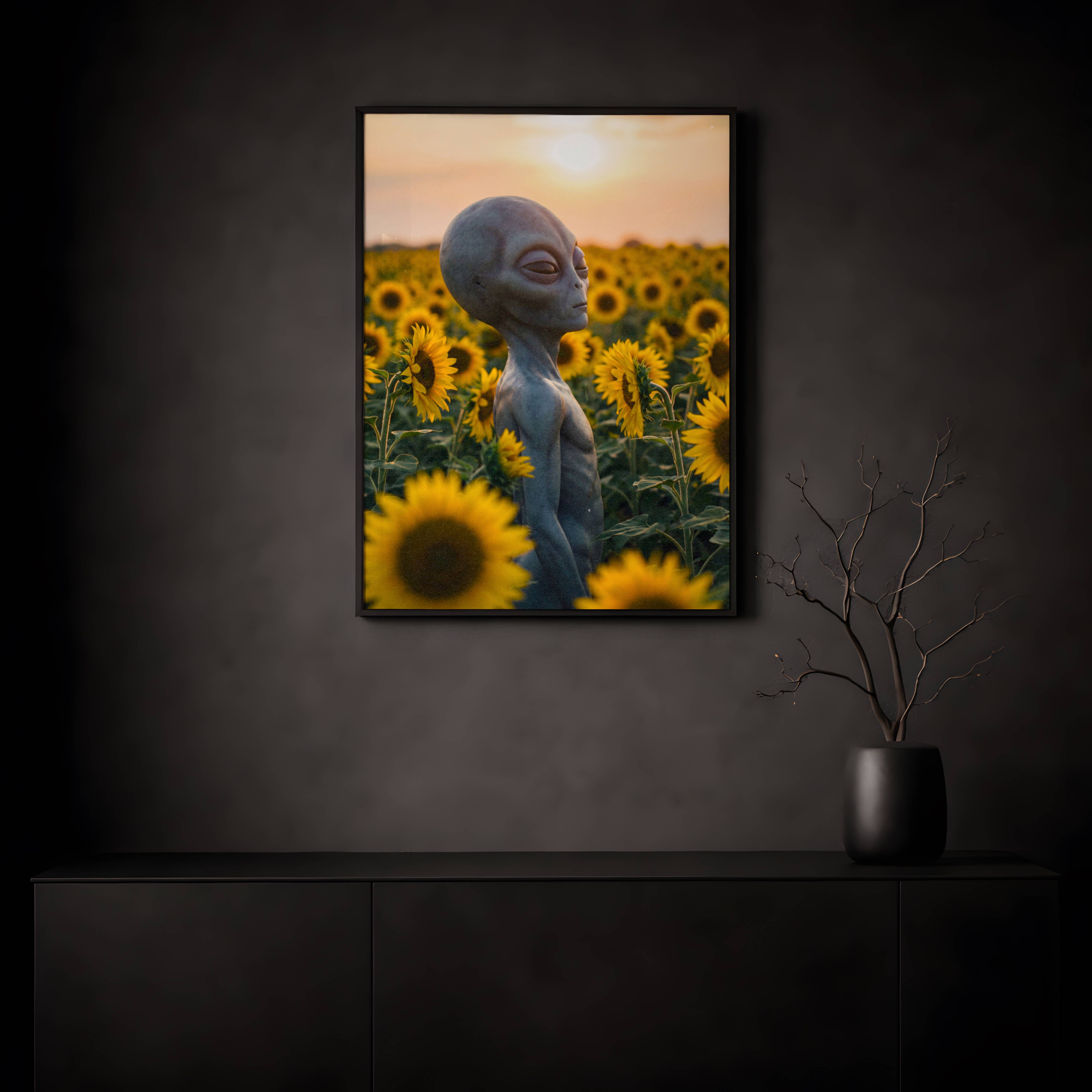 Cinematic warm retro portrait of a grey alien surrounded by vibrant yellow sunflowers in a golden sunset field, eyes half-closed in quiet contemplation beneath a soft peach and amber sky – unframed sci-fi art poster, ufoposter.com