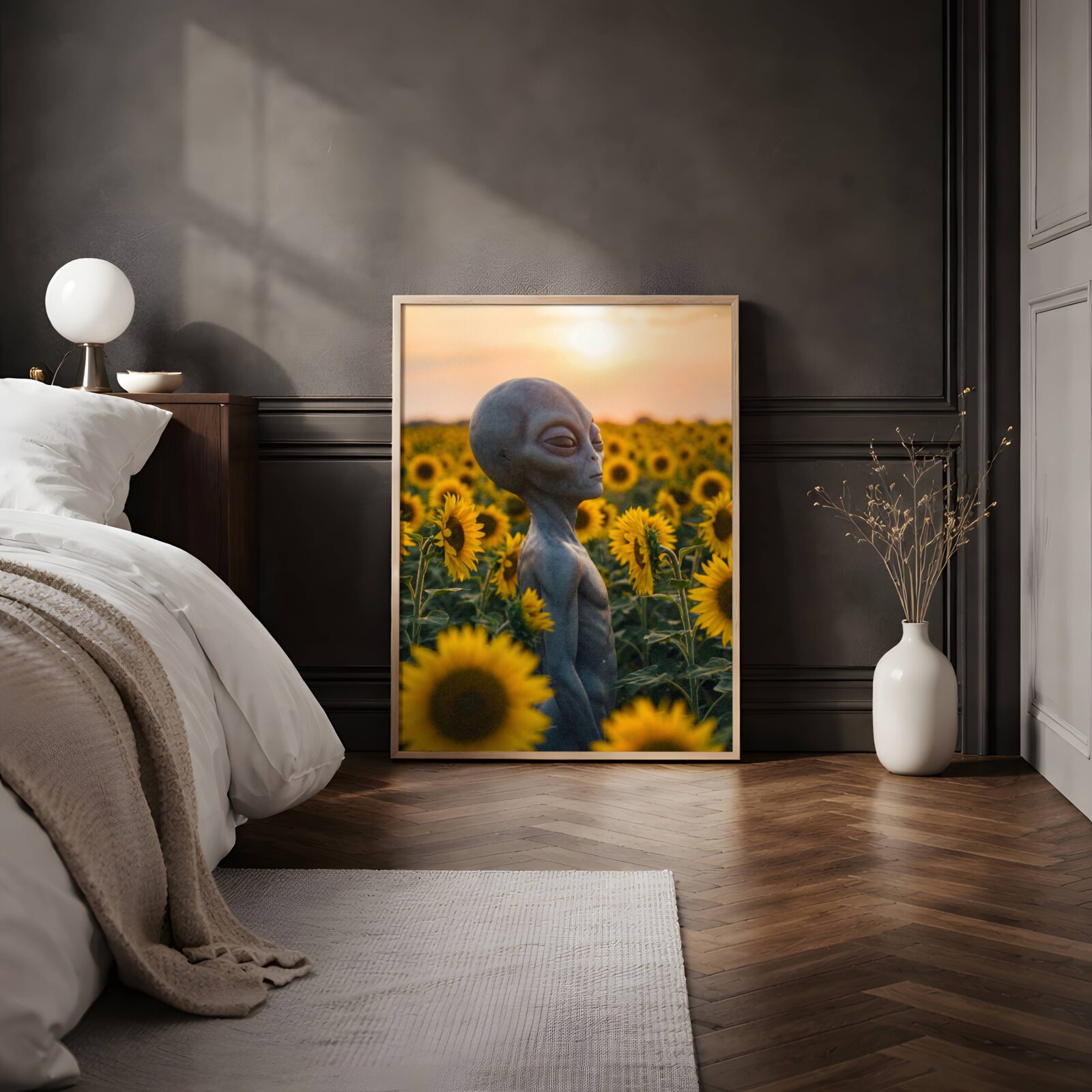Warm golden retro artwork of a grey alien standing peacefully in a sunflower field at sunset — a serene, beautiful and gently surreal sci-fi art print that brings golden warmth and calm to any bedroom decor – unframed retro alien bedroom poster, ufoposter.com