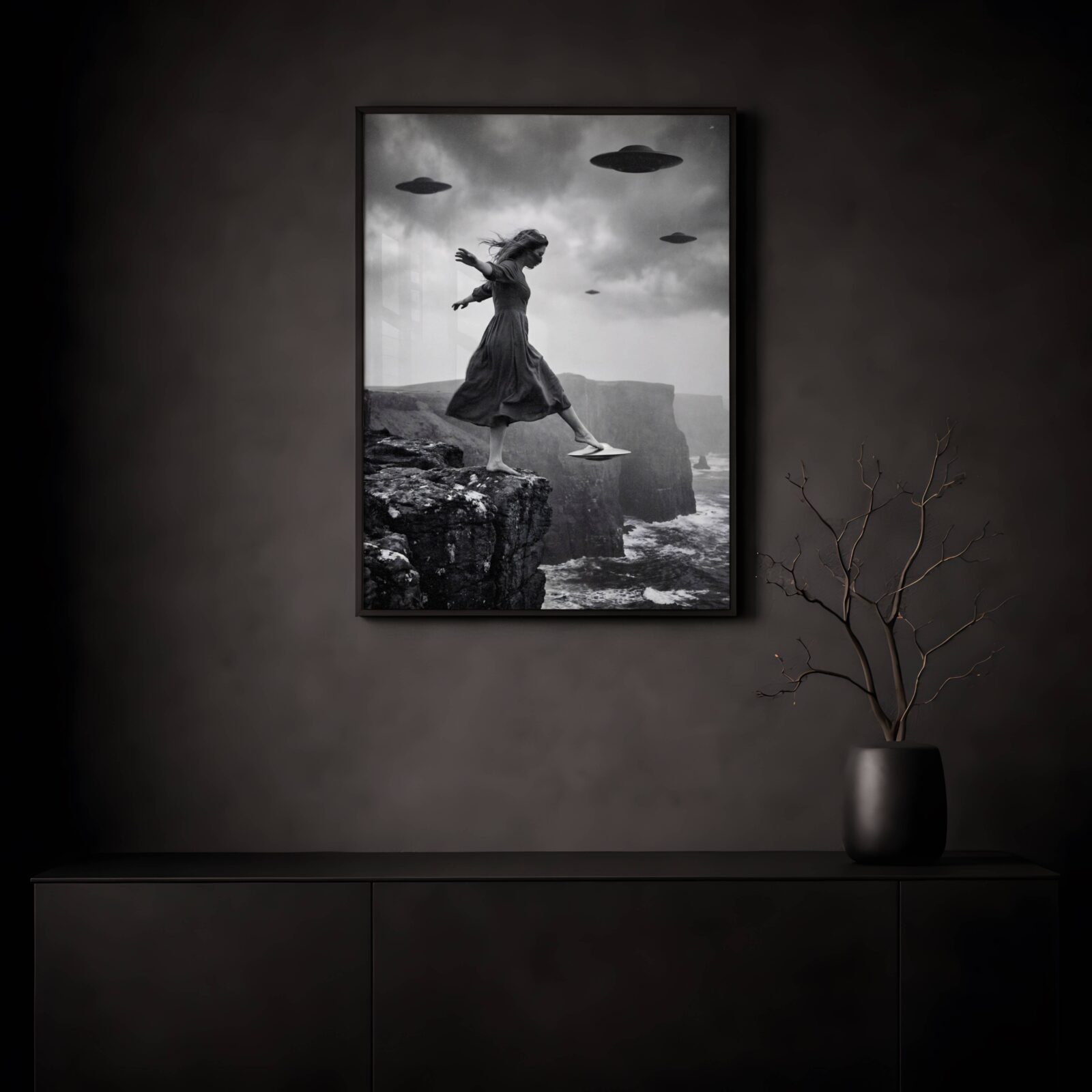 Dramatic black and white artwork of a woman in a dress stepping off a cliff edge toward the ocean as multiple UFOs circle in stormy skies above – unframed dark alien wall poster, ufoposter.com