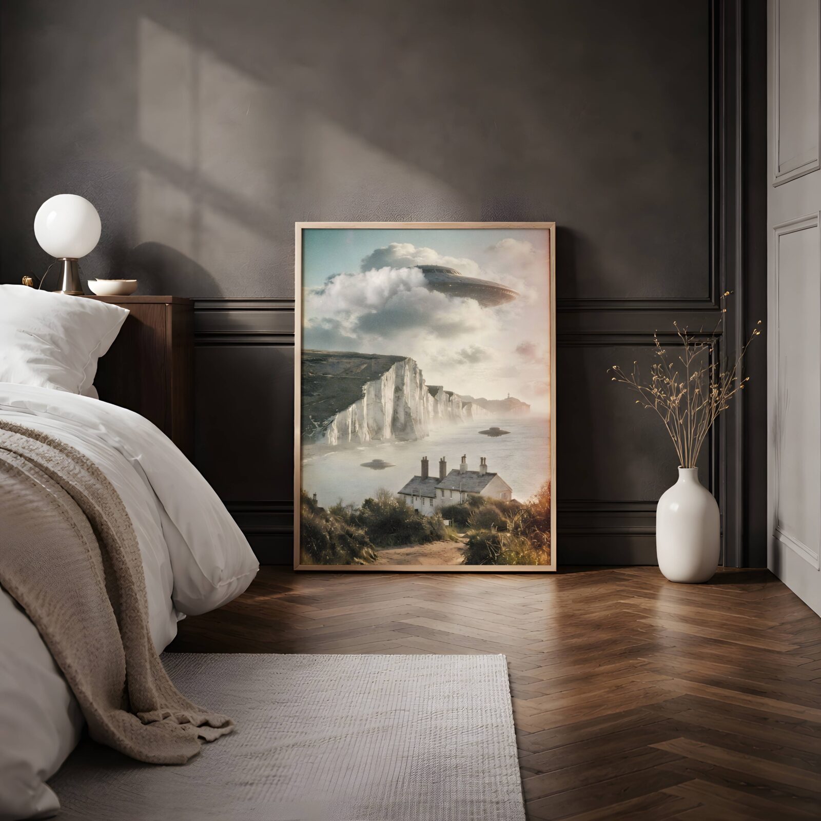 Golden hazy retro artwork of three UFOs hovering silently above the Seven Sisters white cliffs and misty English Channel — a beautifully atmospheric sci-fi coastal print perfect for bedroom decor – unframed retro alien art poster for bedroom, ufoposter.com