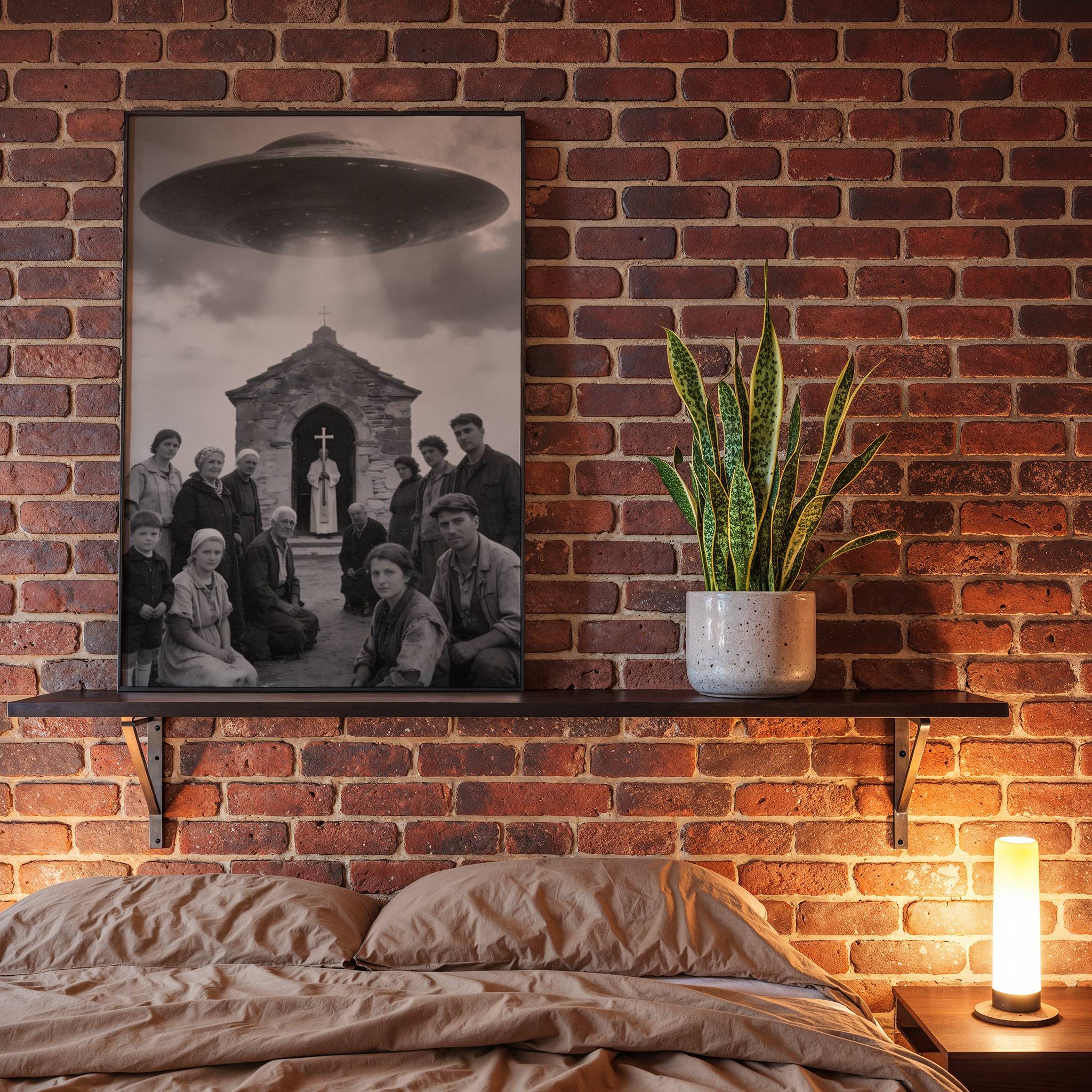 Deeply atmospheric vintage black and white artwork of a rural congregation outside a stone church with a cross, a giant UFO replacing the divine light above them in a darkly compelling commentary on faith and the unknown – unframed dark sci-fi wall poster, ufoposter.com