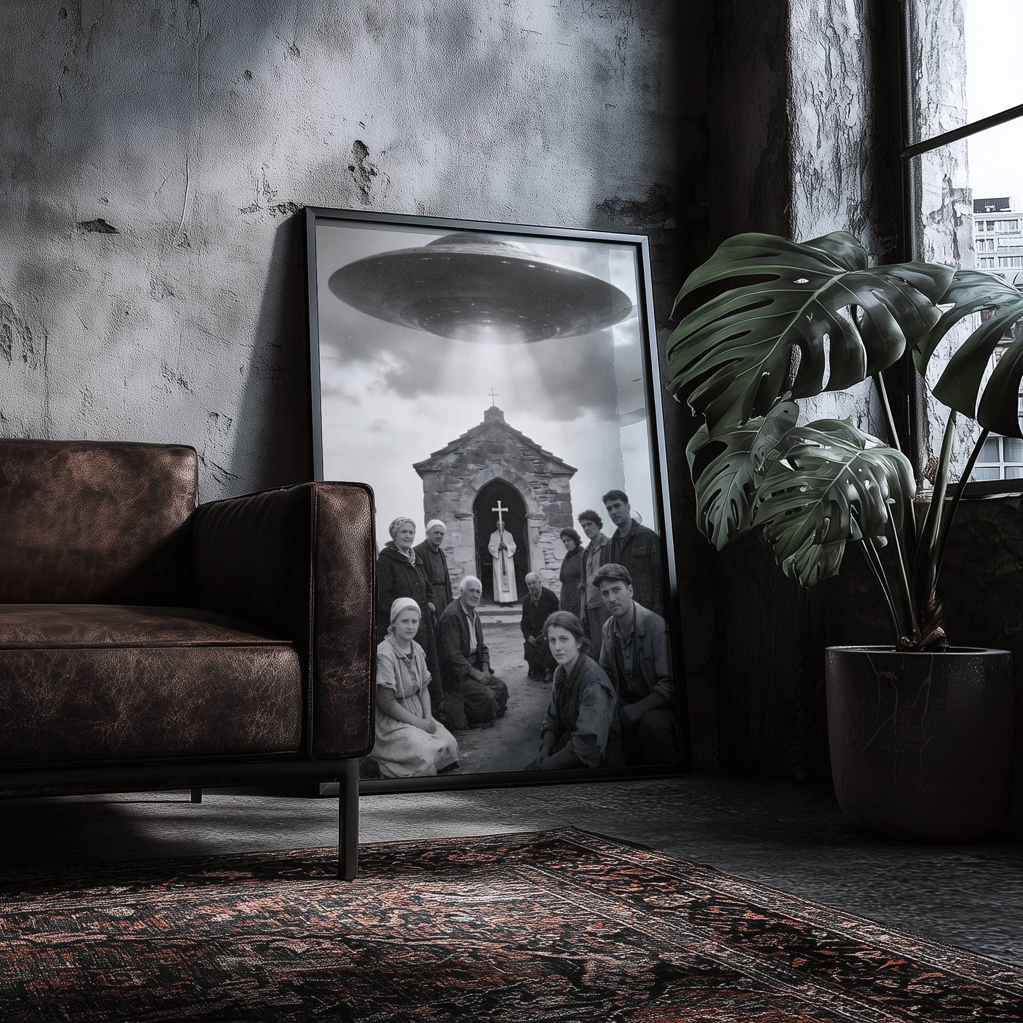 Haunting vintage-style black and white artwork of a rural community gathered outside a stone chapel with a priest, a massive UFO hovering overhead casting a beam of light – unframed dark alien wall poster, ufoposter.com