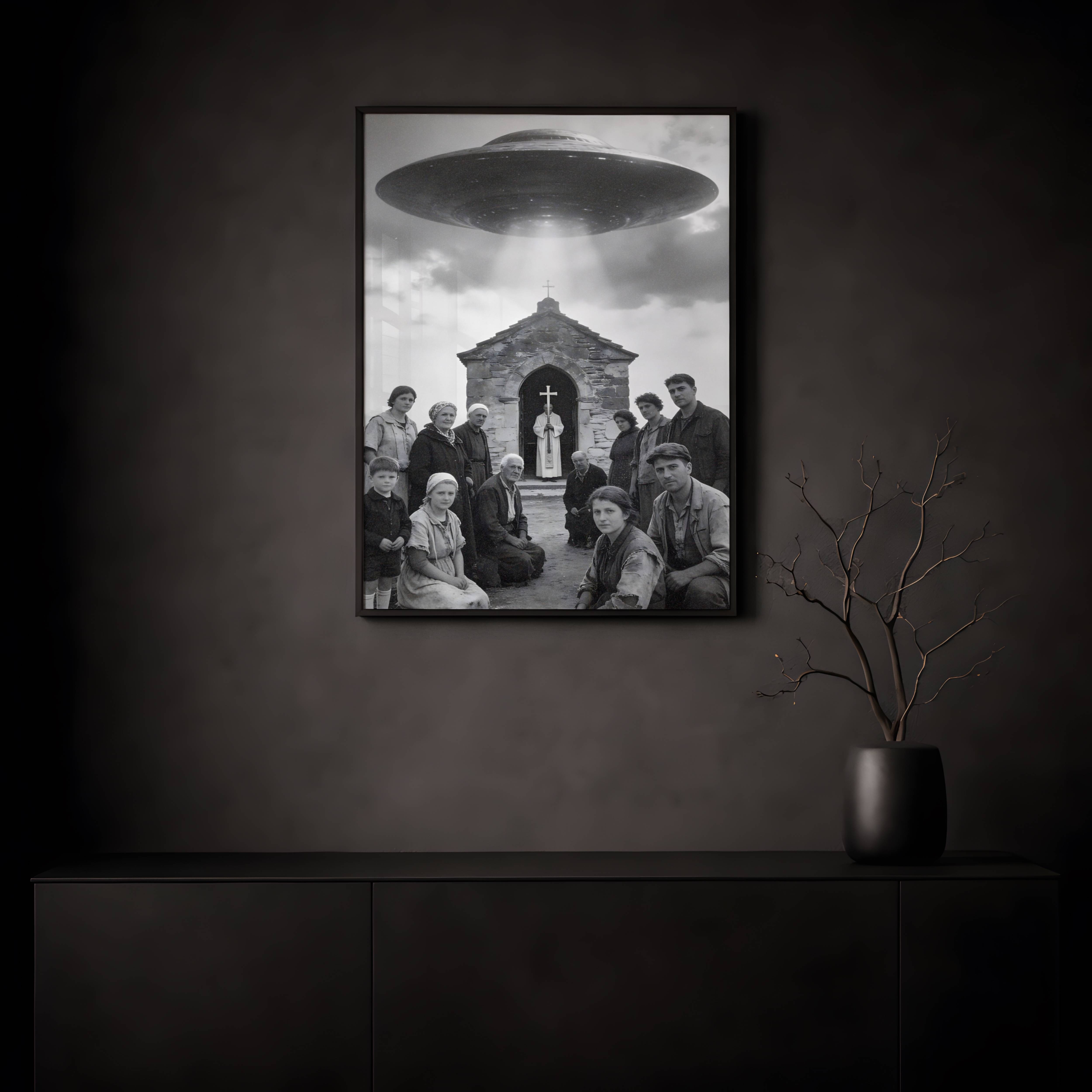 Unsettling retro black and white artwork of a solemn village community and their priest gathered outside a stone chapel as a massive spacecraft descends through heavy storm clouds, bathing the scene in an eerie beam of light – unframed dark alien wall poster, ufoposter.com