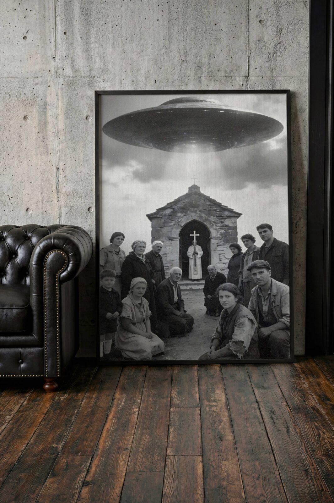 Deeply compelling vintage-style black and white portrait of a rural congregation frozen outside their stone chapel as a giant UFO hovers low overhead, blurring the line between religious miracle and alien encounter – unframed dark sci-fi art poster, ufoposter.com