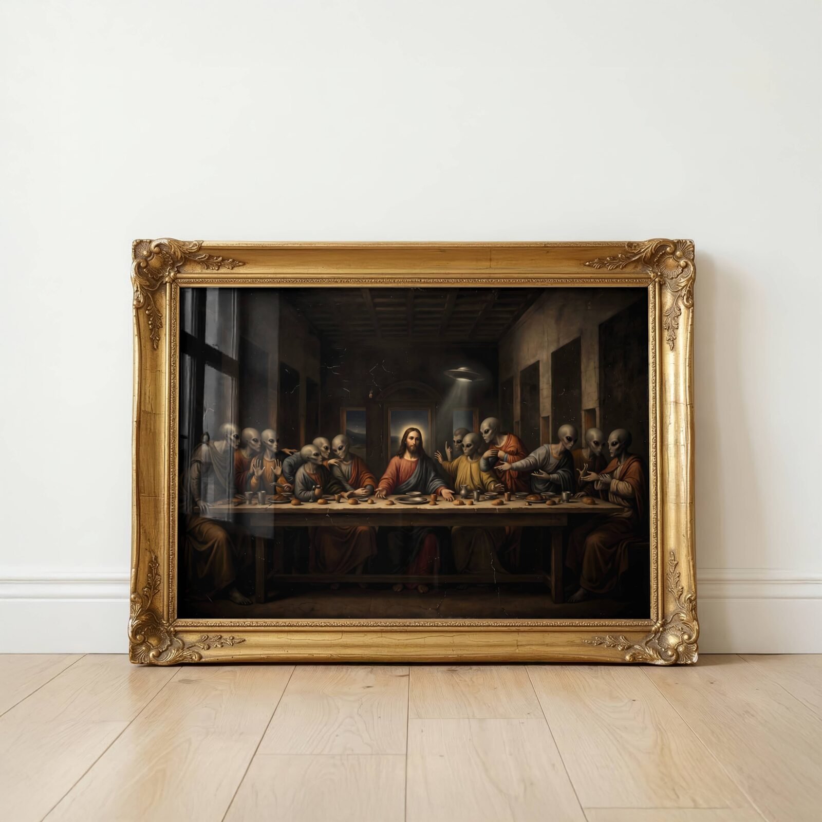 Deeply cinematic dark oil-style artwork of Christ at the Last Supper table surrounded by twelve grey aliens in robes, their animated gestures mirroring da Vinci's original composition as a UFO casts pale light through the open doorway into the ancient dark room – unframed dark sci-fi religious wall poster, ufoposter.com