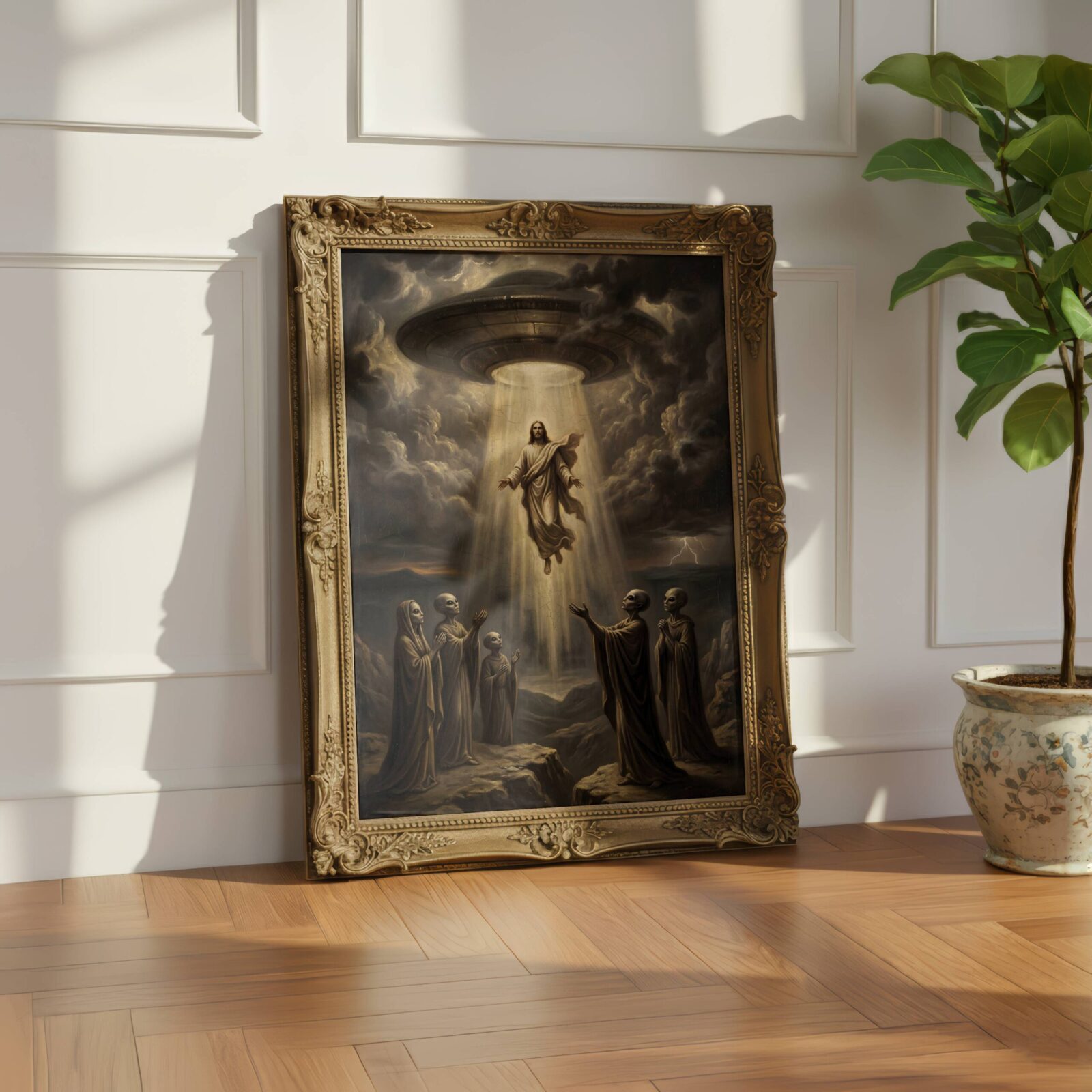 Biblical UFO wall art — Old Master style Ascension with extraterrestrial beings and lightning