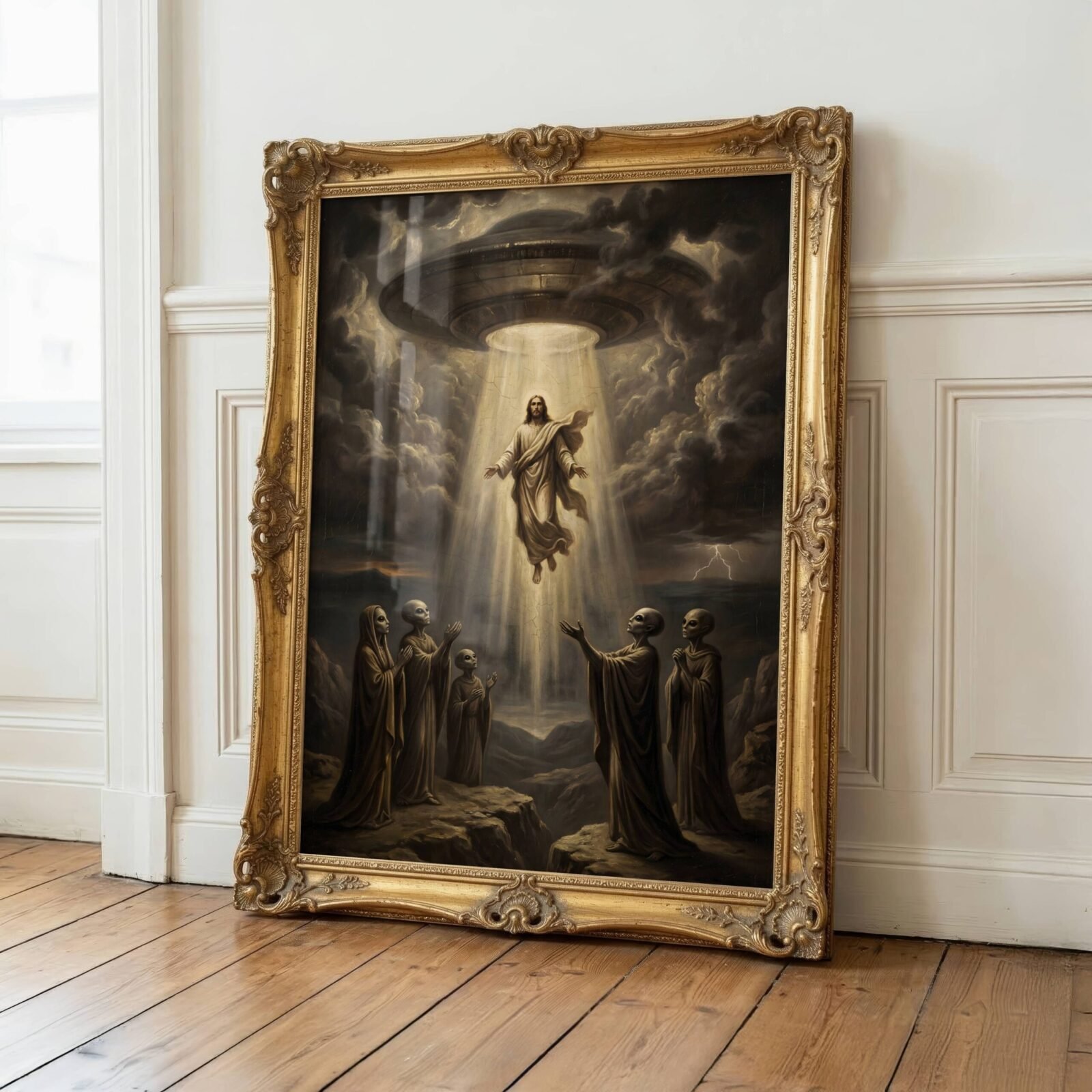 Dark renaissance art print — Christ ascension scene with massive UFO and alien figures in storm