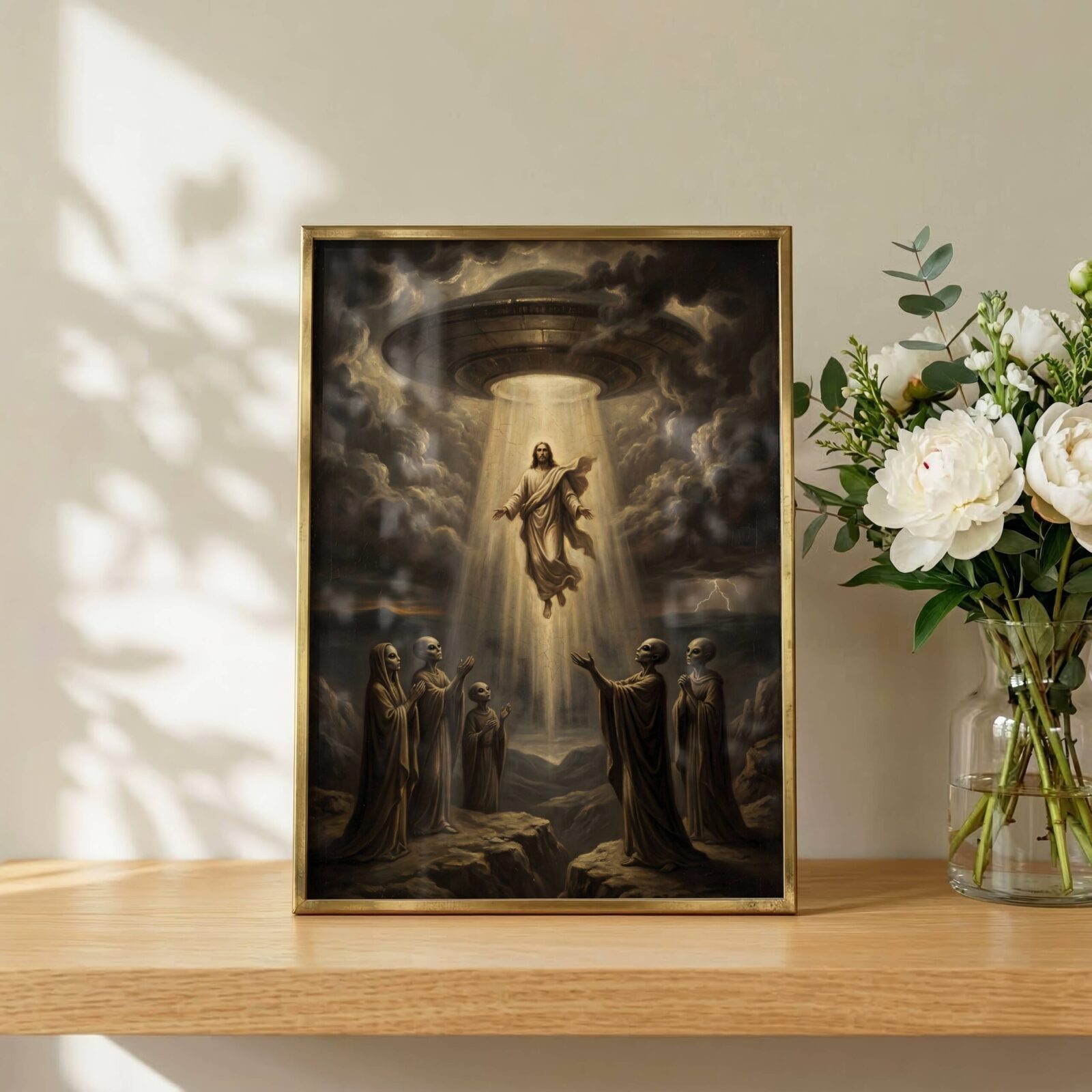 Ascension biblical UFO art print — dark renaissance painting with UFO beam lifting Jesus and alien witnesses