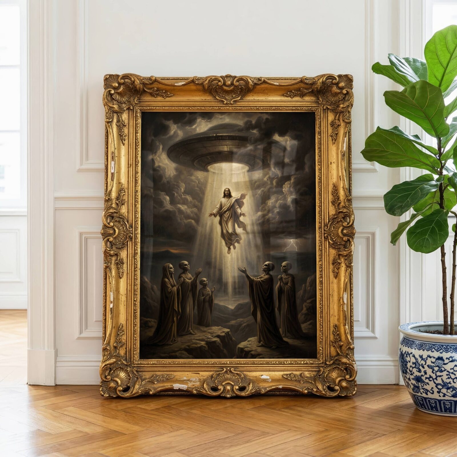 Surreal religious art print — alien witnesses watching Jesus lifted by UFO beam through storm clouds