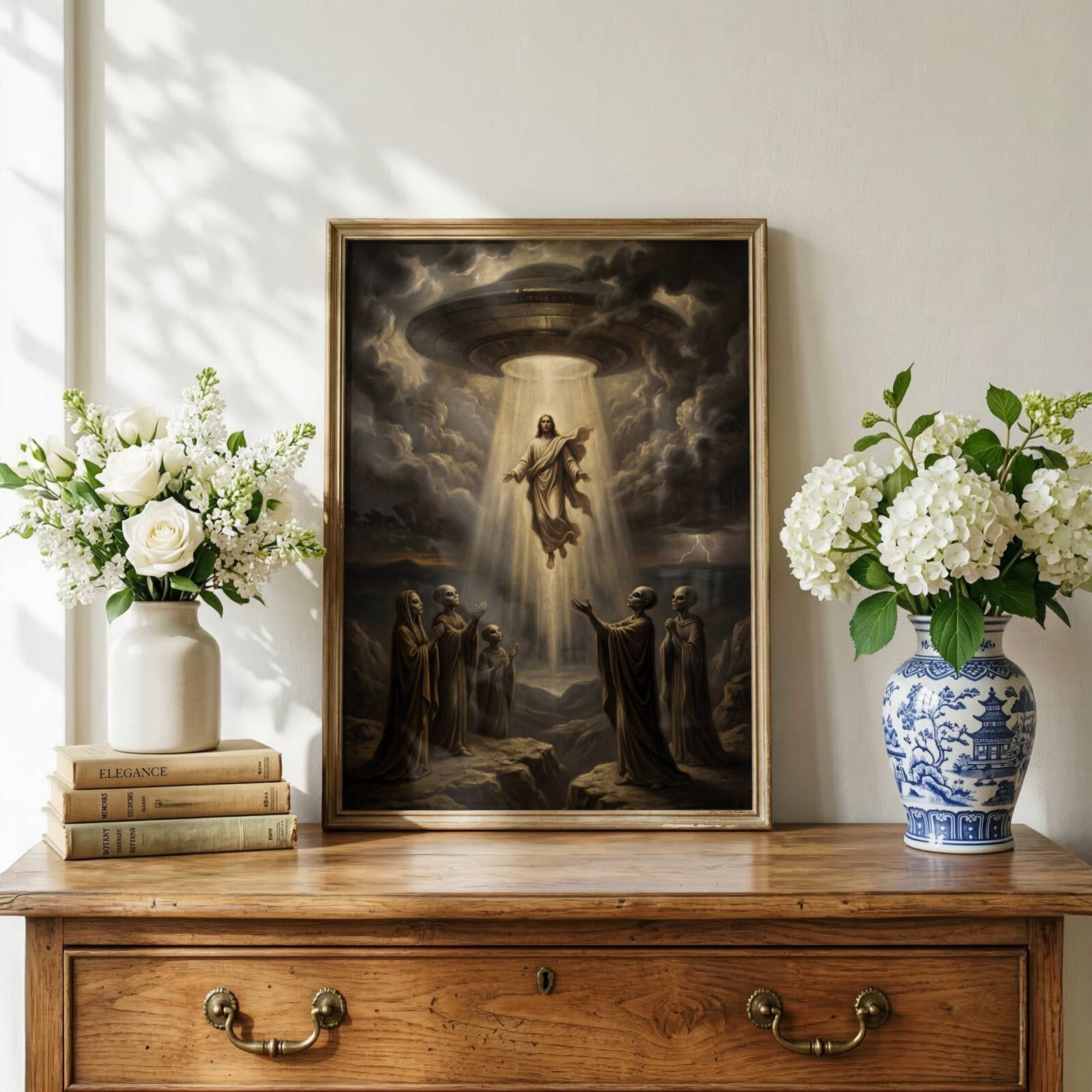 Ancient alien art print — renaissance Ascension of Christ with grey aliens and flying saucer
