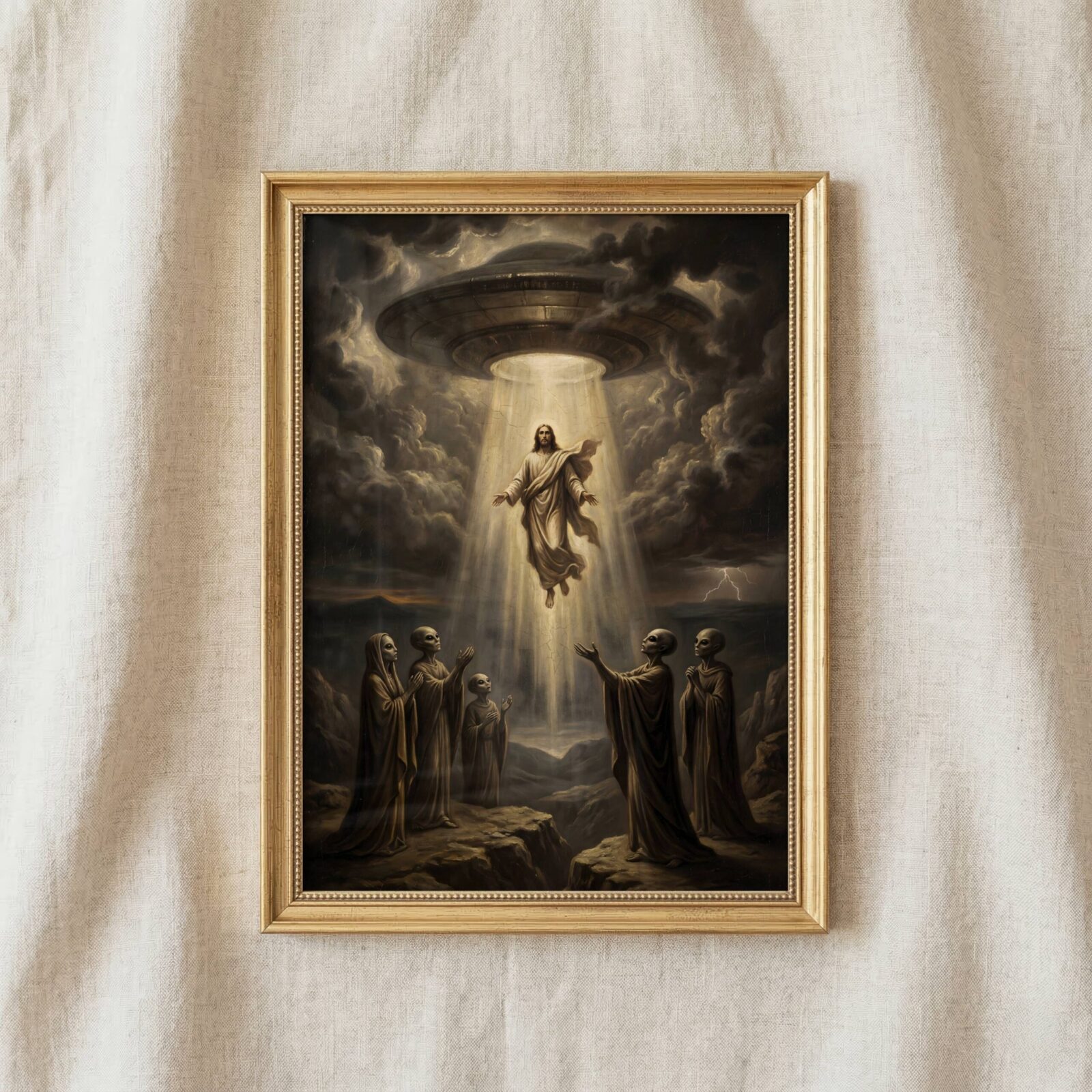 Surreal religious art — alien figures watching Jesus lifted by UFO, wall decor