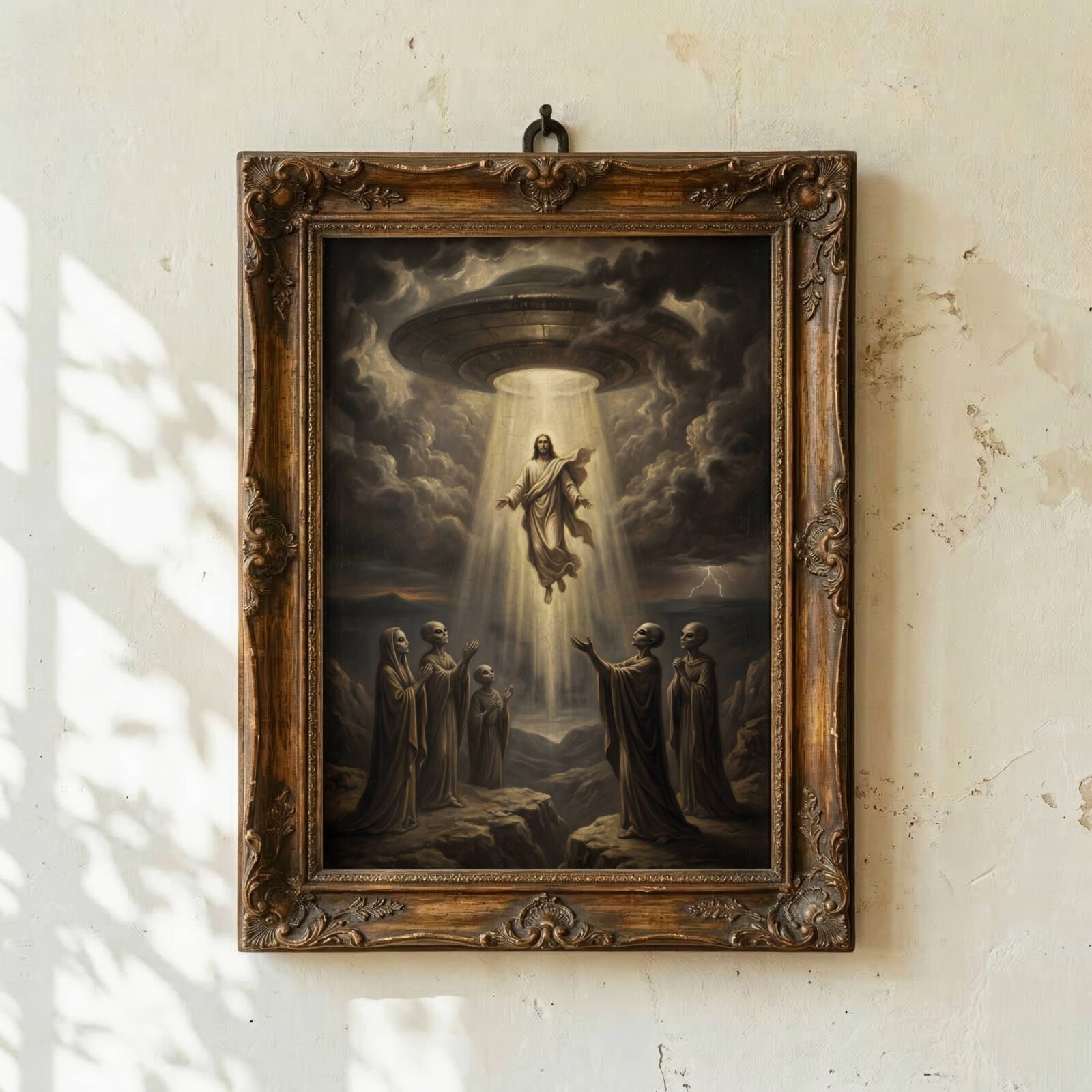 Biblical UFO art print wall — Ascension scene with grey aliens and stormy sky