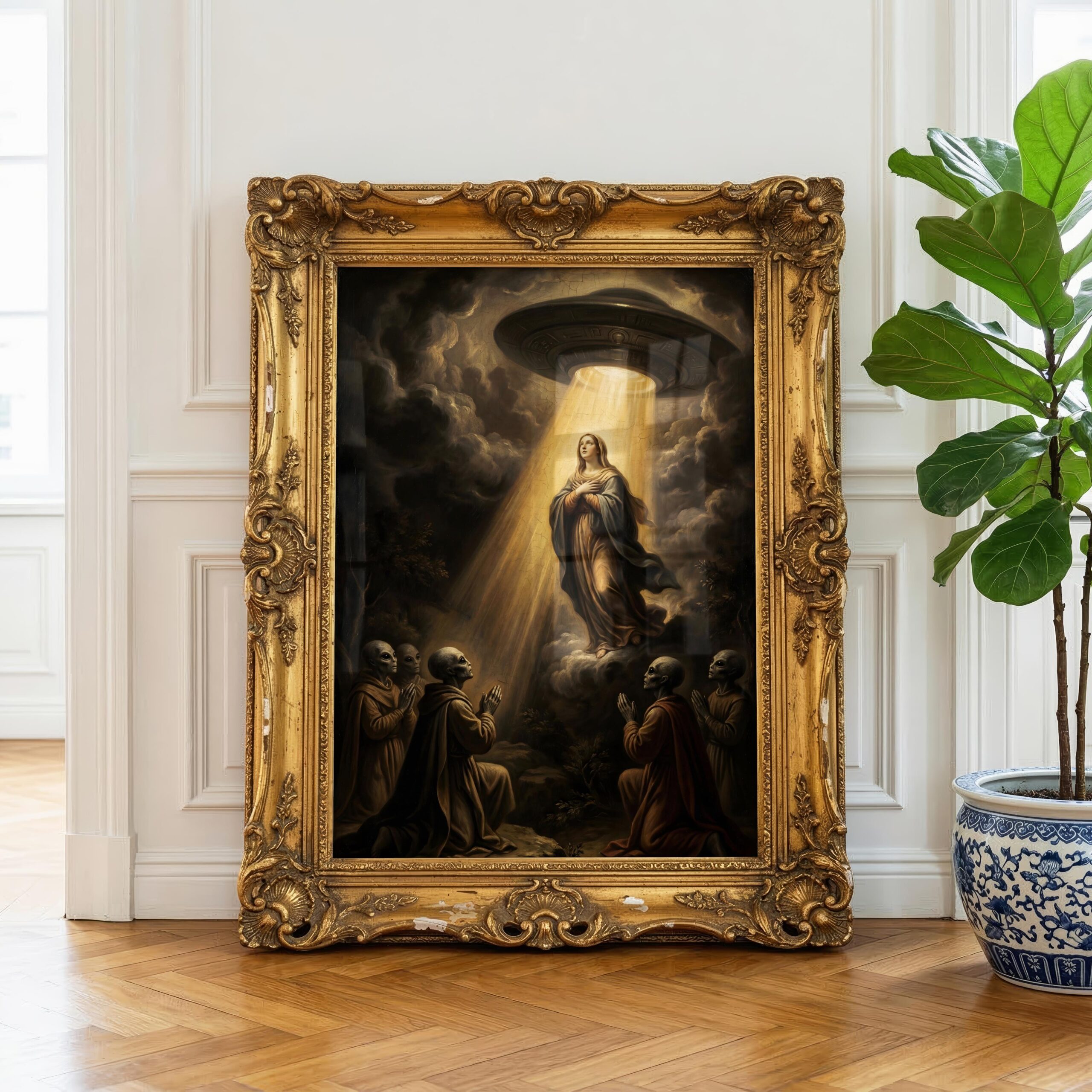 biblical UFO art print — dark renaissance Assumption with UFO beam and kneeling aliens