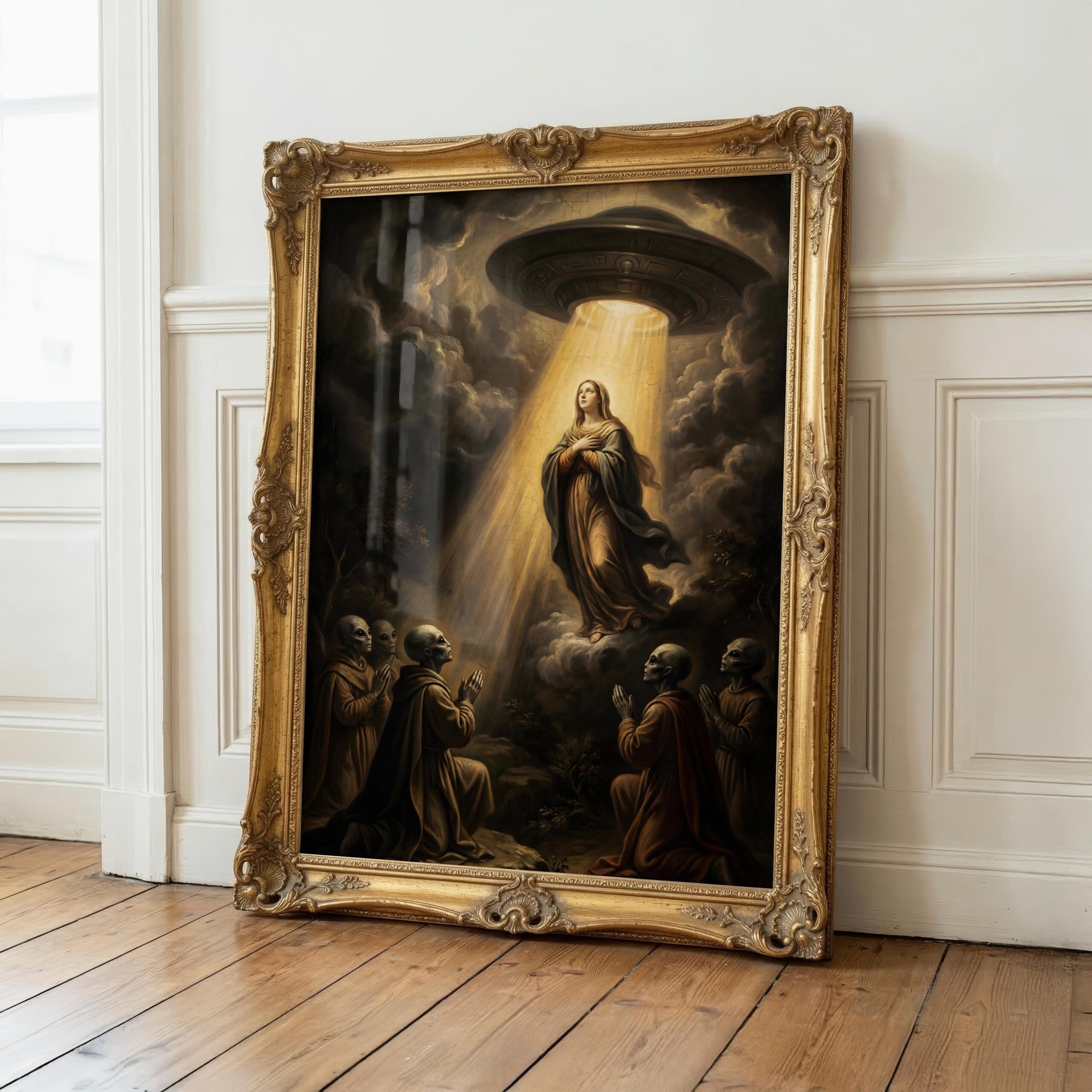 Ancient alien art print — renaissance Assumption of Mary with grey aliens and flying saucer