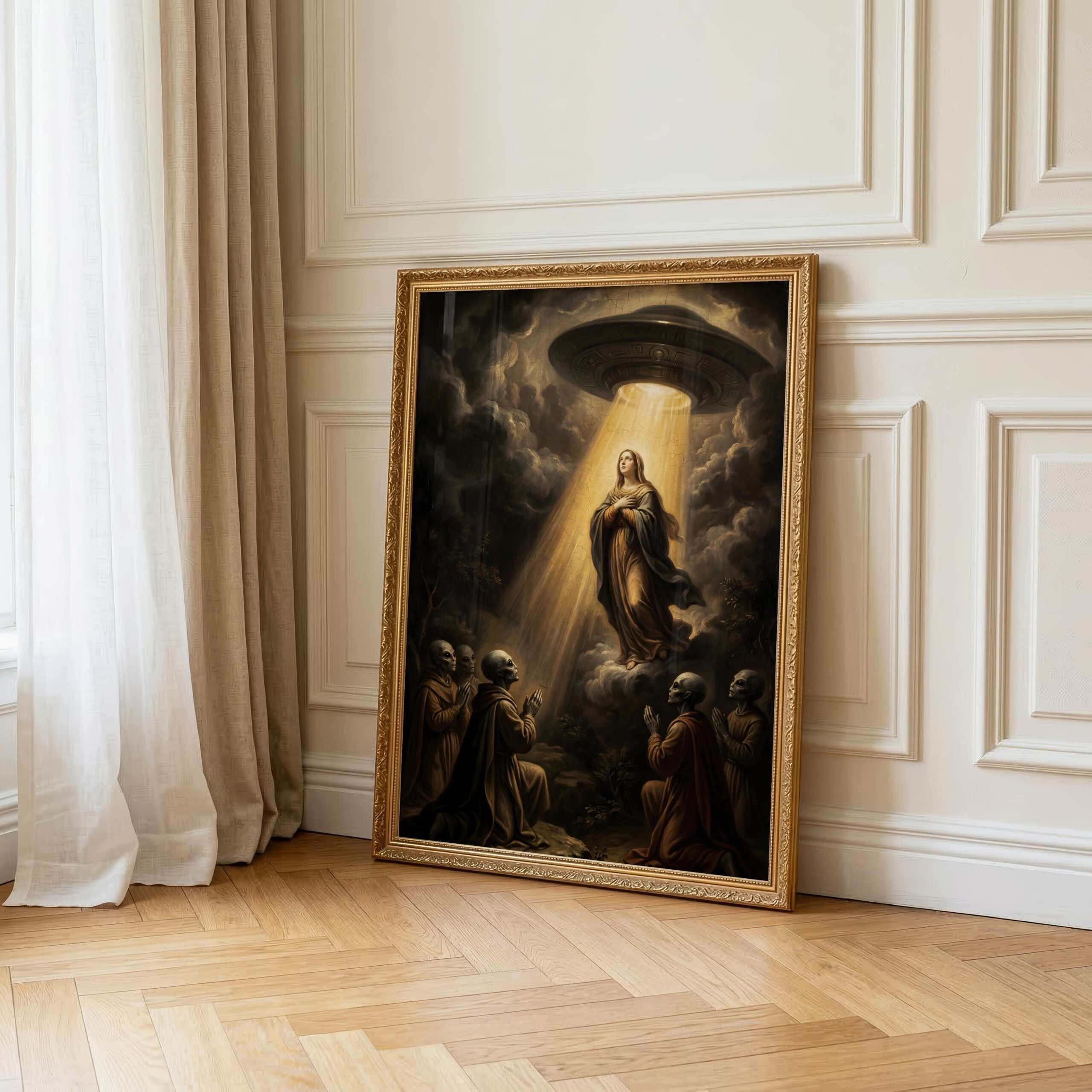 Surreal religious art print — alien figures worshipping Mary lifted by UFO beam