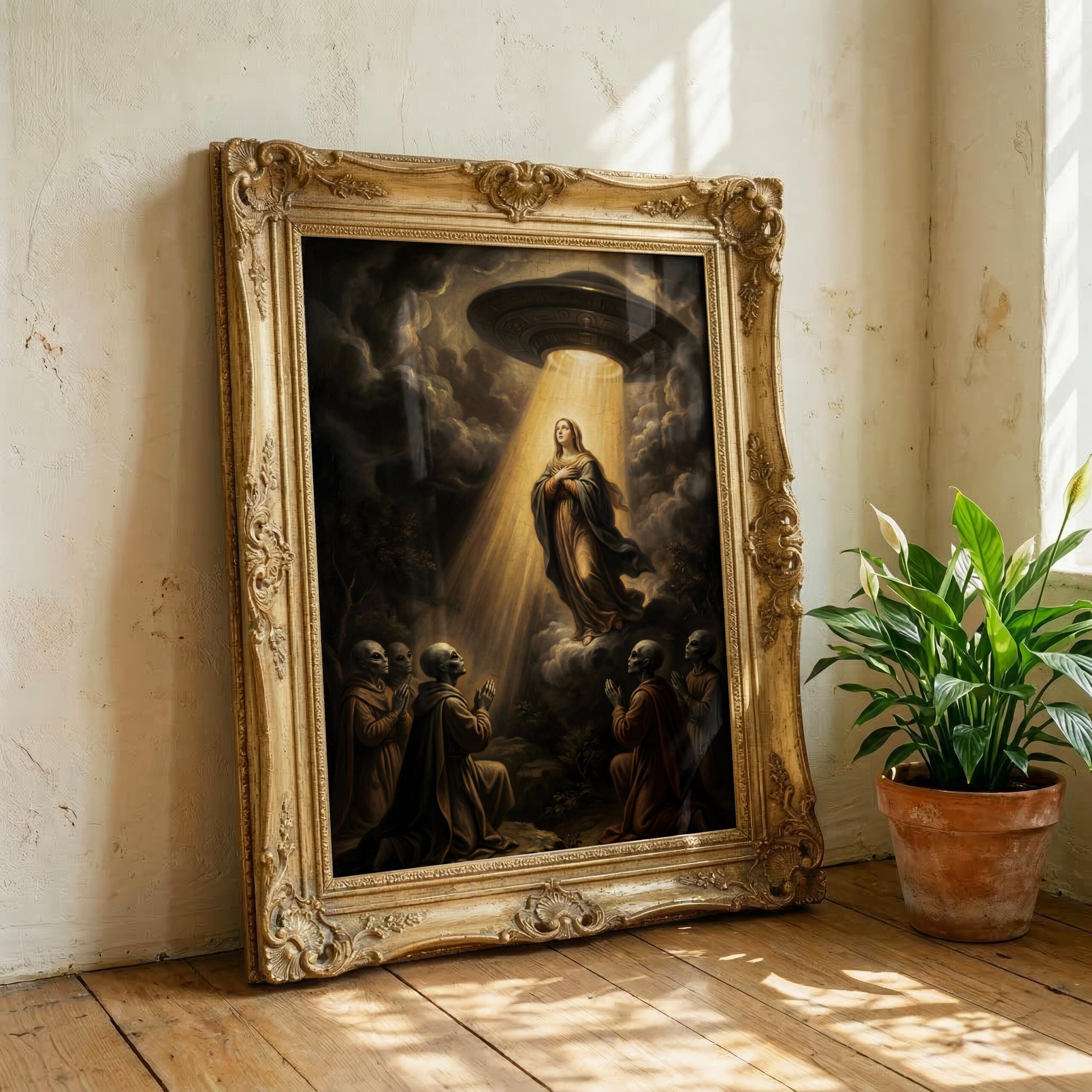 Biblical UFO wall art — Old Master style Assumption with extraterrestrial beings kneeling