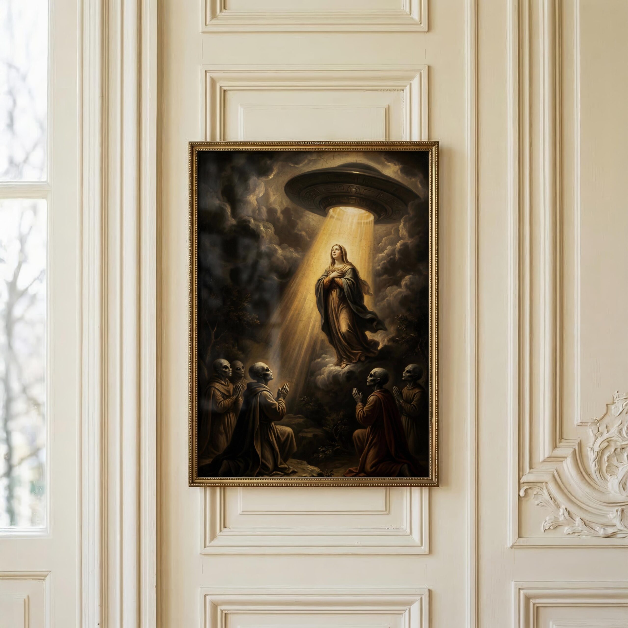 Dark renaissance art print — Virgin Mary assumption scene with UFO and alien witnesses