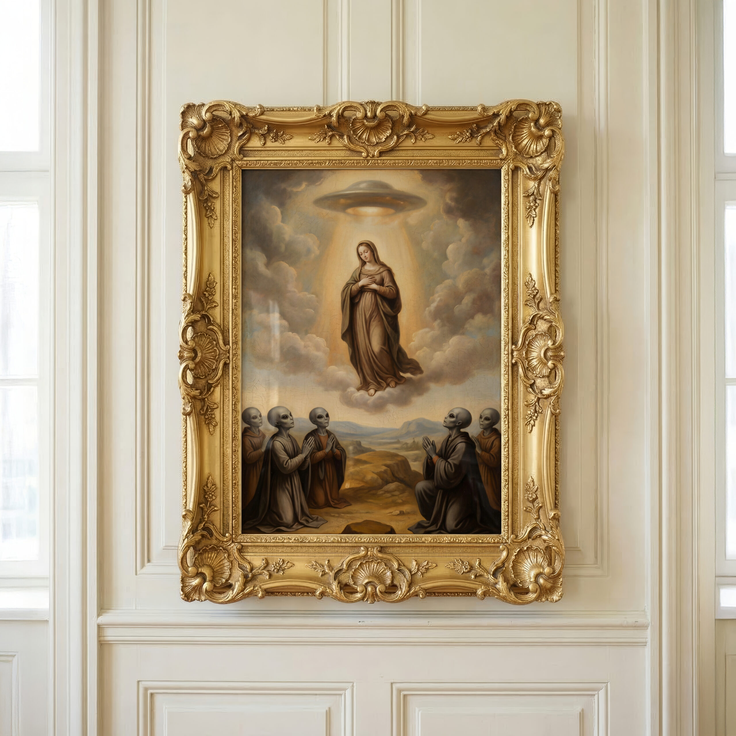 alien art print — Old Master Assumption scene with extraterrestrial witnesses in warm light