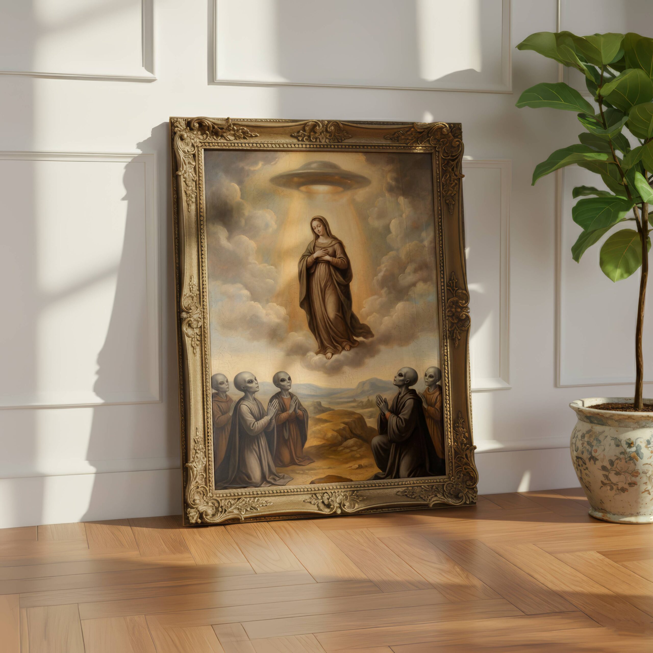 Surreal religious art print — alien figures worshipping Mary