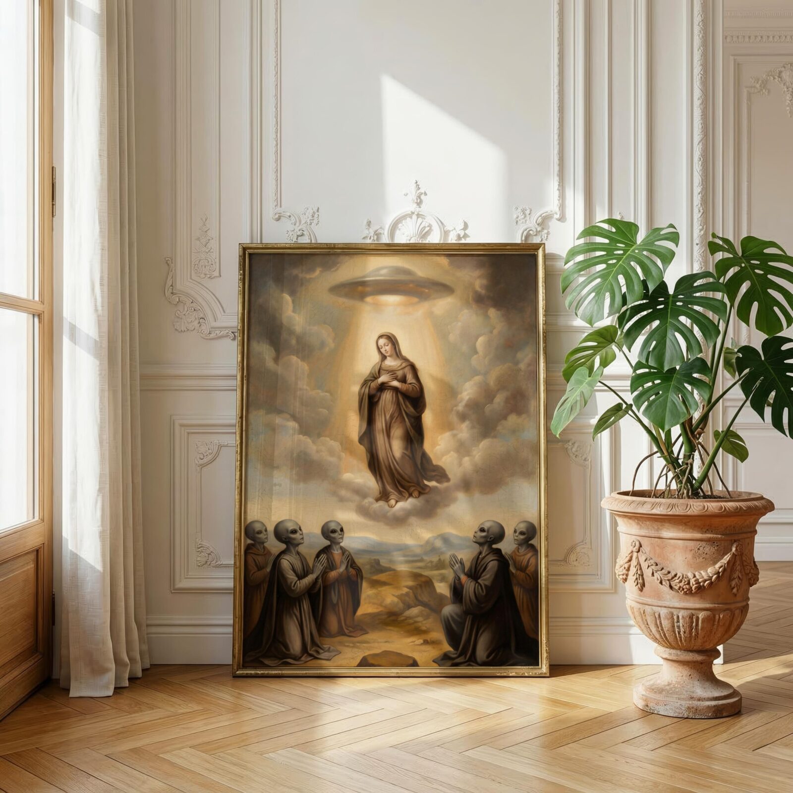 Warm surreal wall art in modern living room — Old Master Assumption with UFO and praying aliens