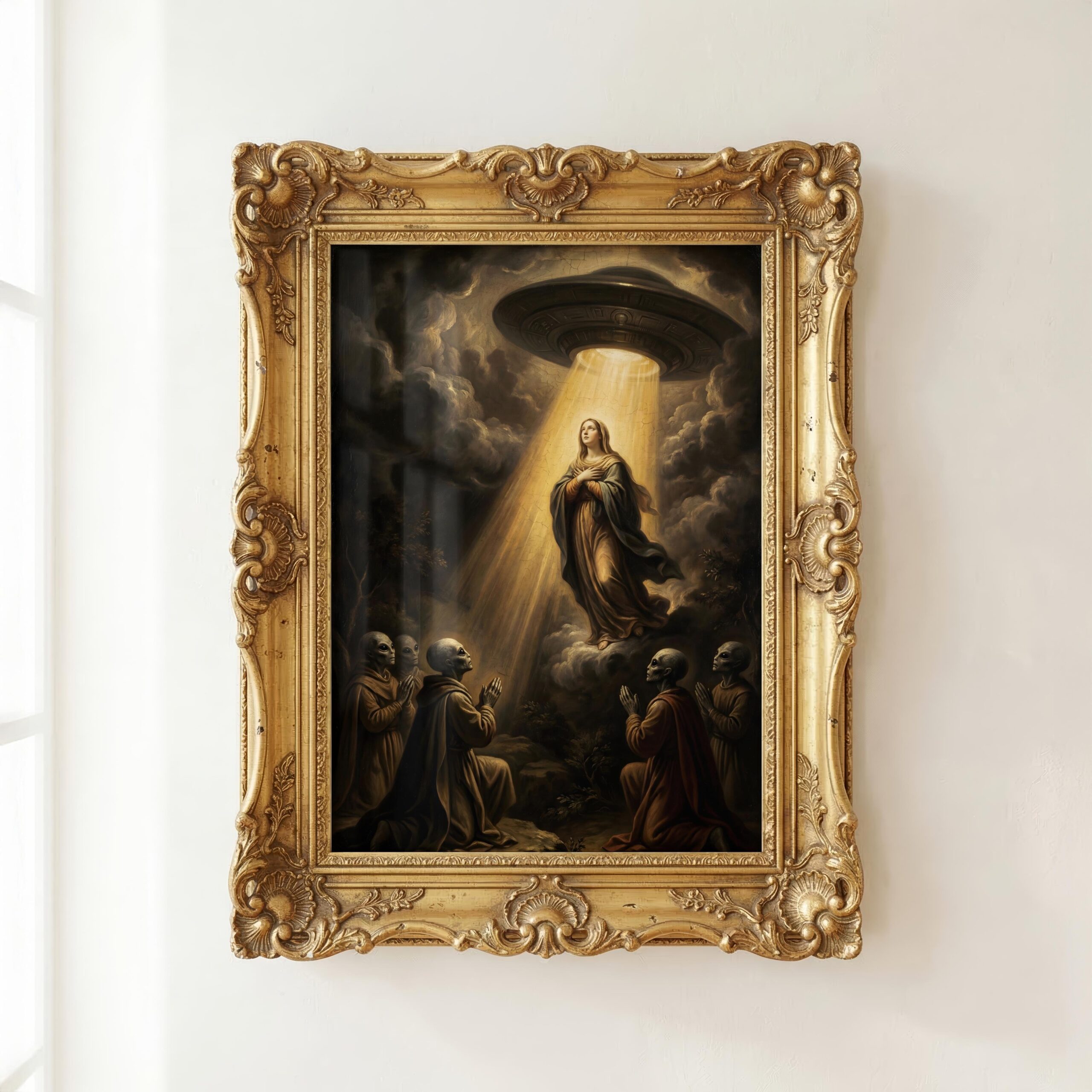 Assumption biblical UFO art print — dark renaissance painting with UFO beam and kneeling aliens