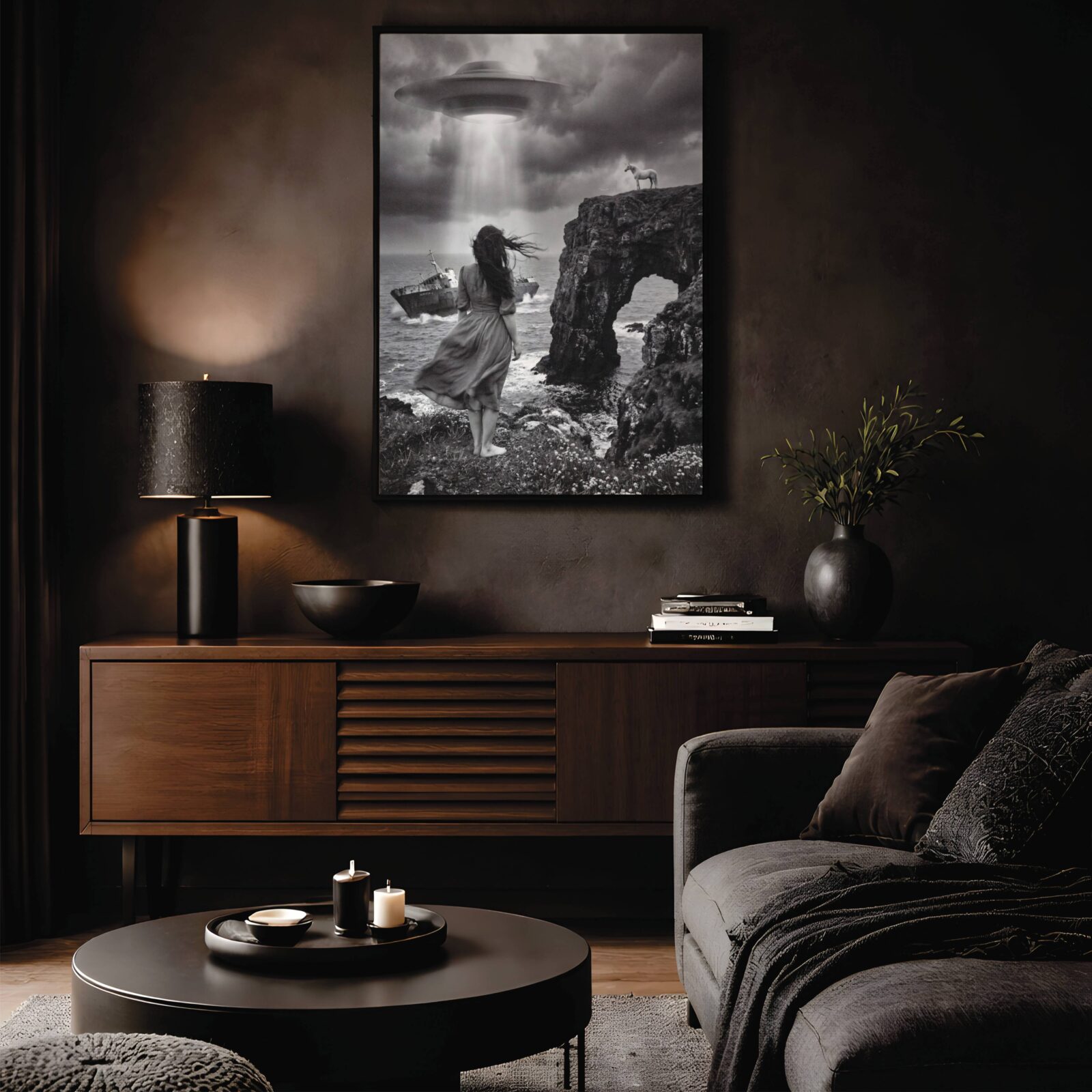 Haunting black and white cinematic artwork of a barefoot woman perched on a coastal cliff edge with a plesiosaur in the stormy sea, pterodactyls circling in dark clouds and a UFO barely visible overhead – unframed dark fantasy dinosaur art poster, ufoposter.com
