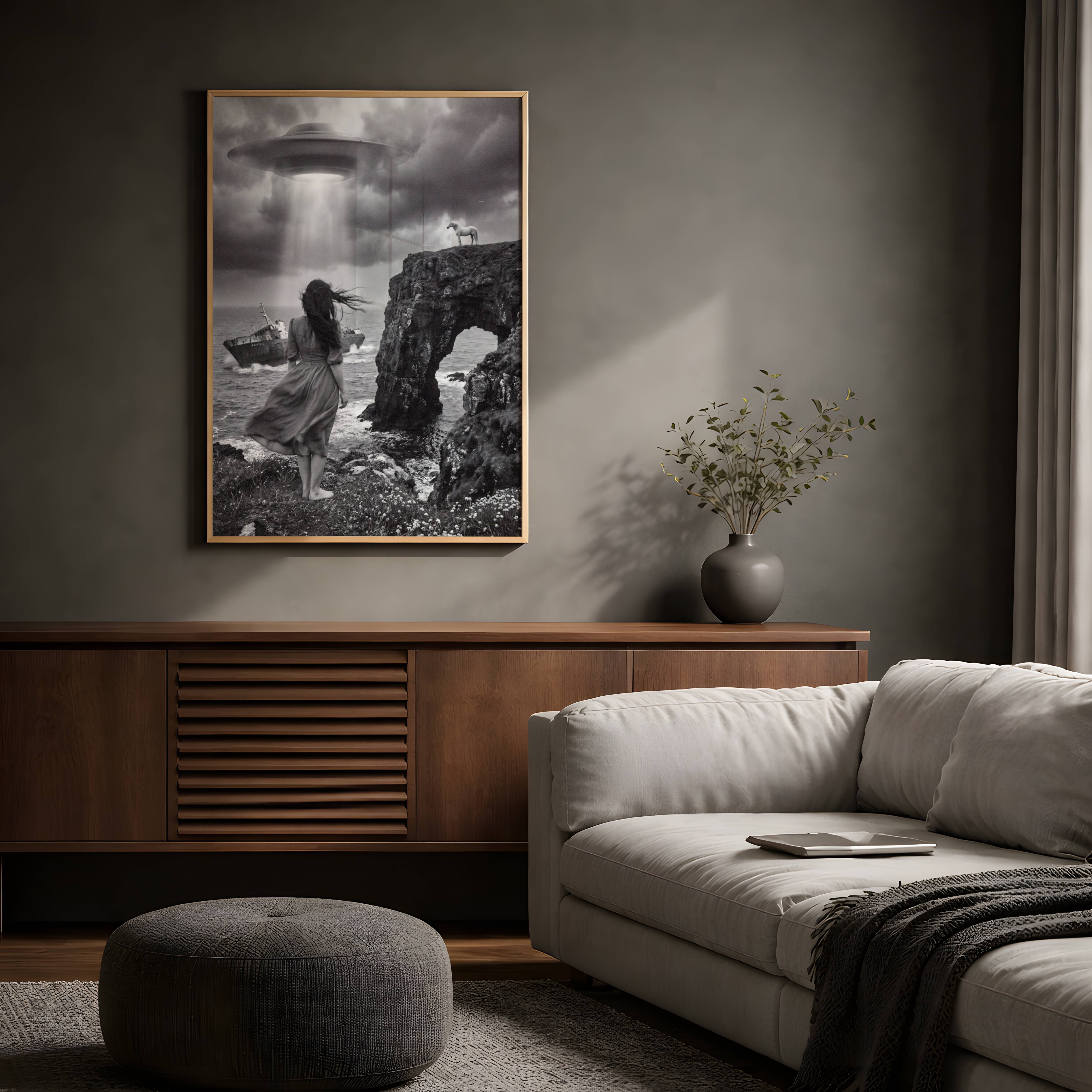Haunting black and white surreal composition of a windswept barefoot woman walking along a dramatic rocky coastline toward a shipwreck, a glowing UFO beam in dark storm clouds and a unicorn silently watching from a clifftop rock arch — bold dark fantasy living room wall art – unframed moody dark living room poster, ufoposter.com