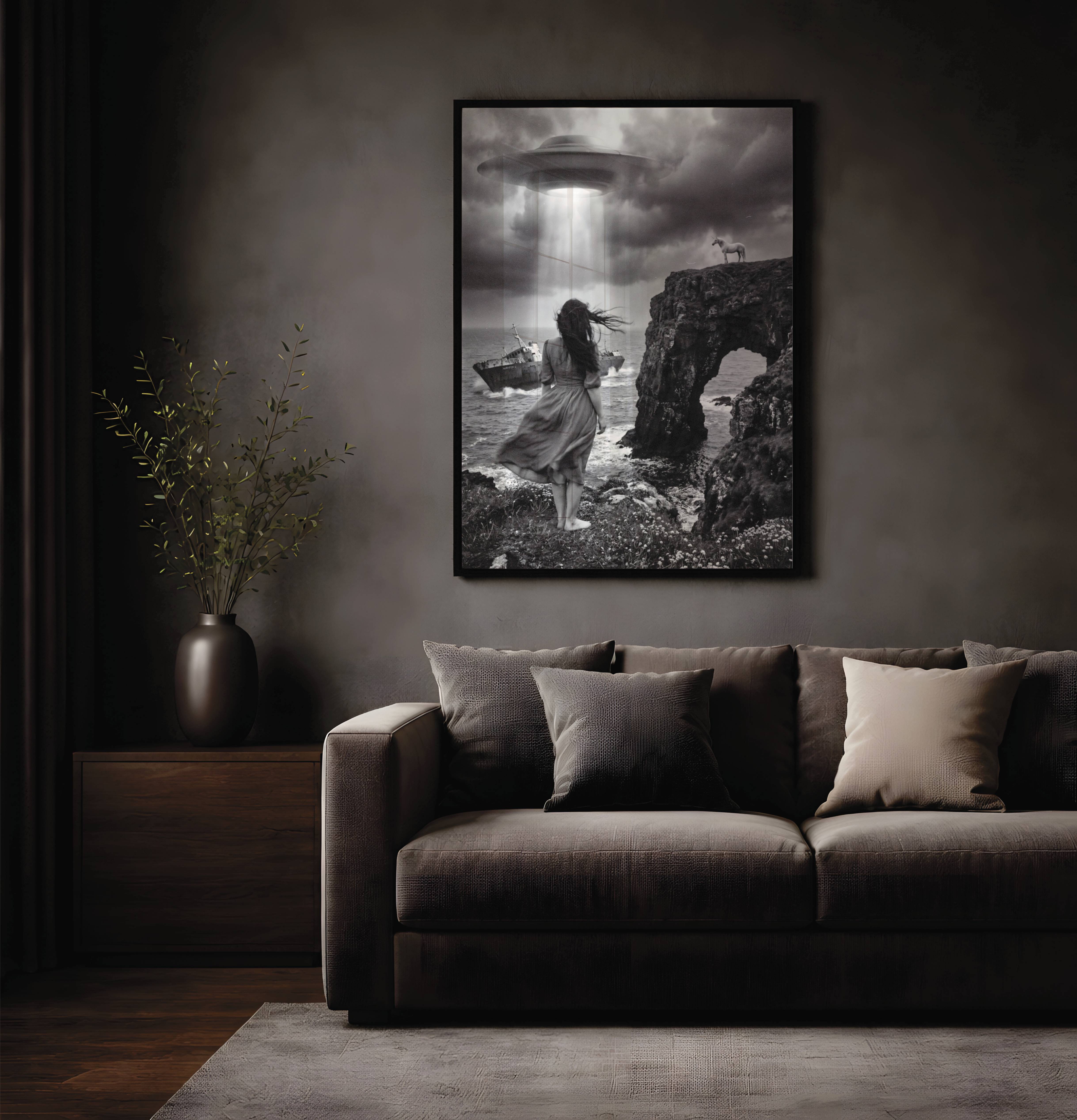 Moody black and white cinematic surreal artwork of a windswept barefoot woman walking toward a shipwreck in stormy seas, a glowing UFO beam above in dark storm clouds and a unicorn perched impossibly on a rocky clifftop arch — distinctive dark living room wall art – unframed dark fantasy art for living room, ufoposter.com