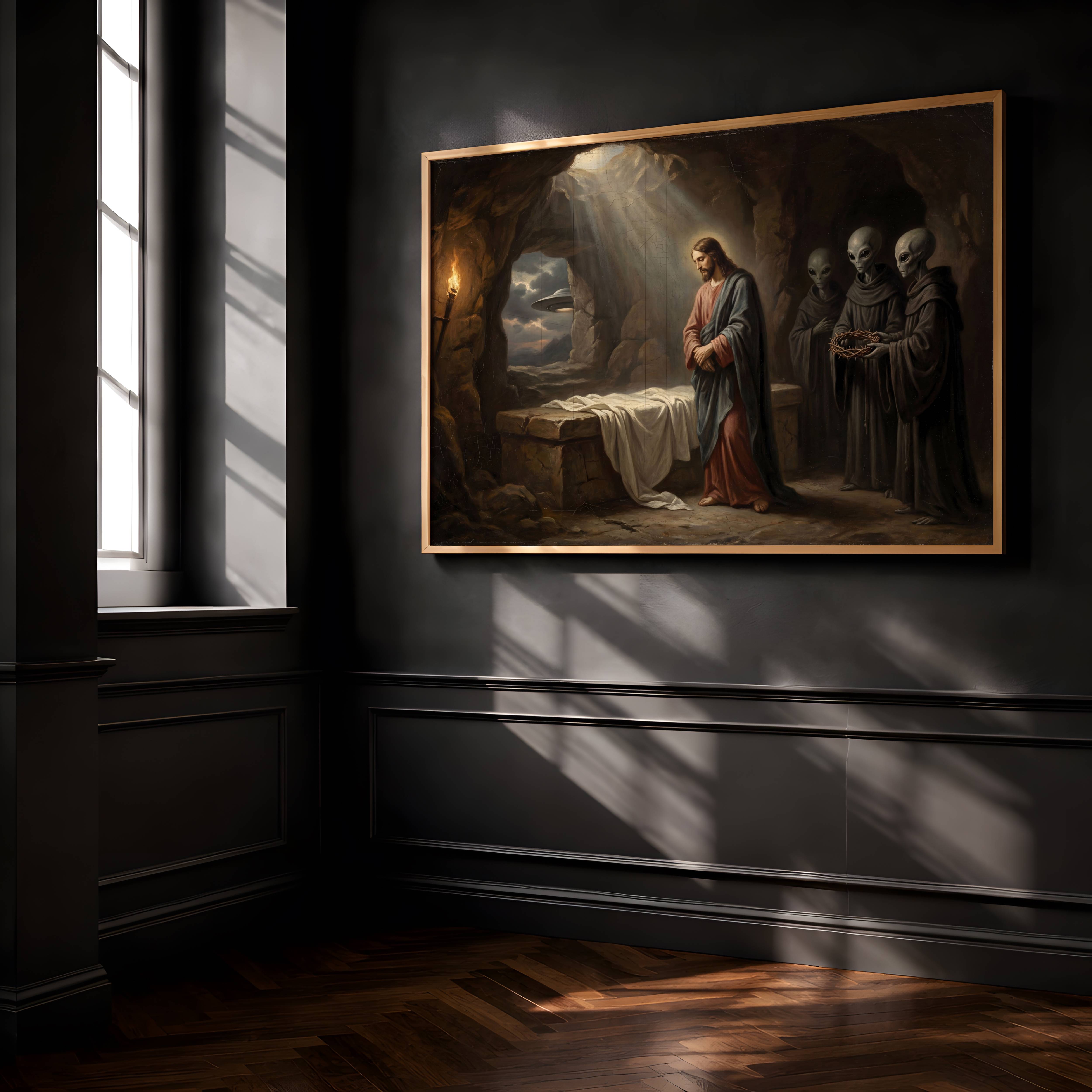 Dark baroque-style painting of Jesus standing by an empty tomb in a cave, witnessed by grey aliens holding a crown of thorns and a UFO visible in the background – unframed wall art poster for living room decor, ufoposter.com