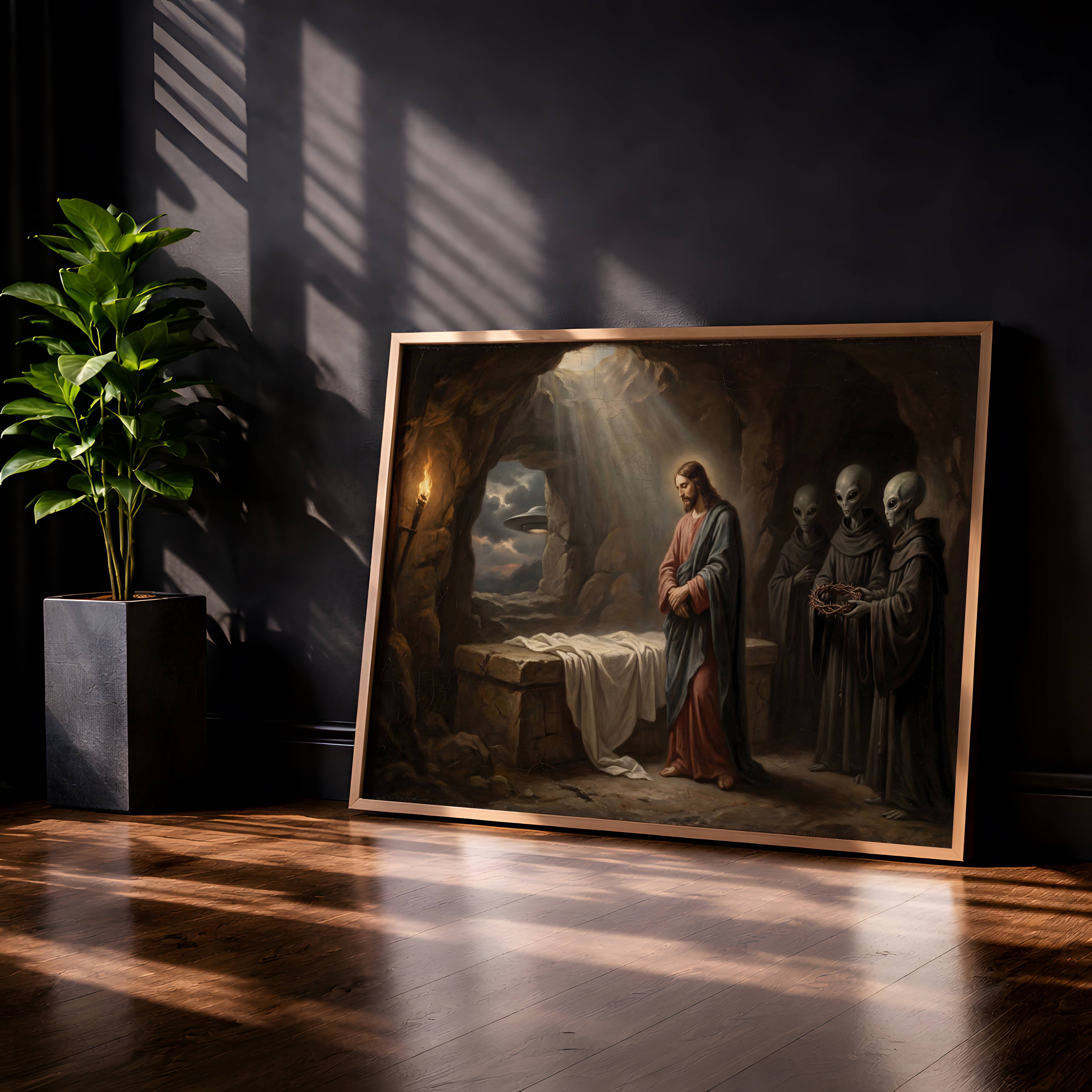 Moody old master painting depicting the resurrection scene in a dramatic cave with grey alien figures and a distant spacecraft in stormy skies – unframed living room wall poster, ufoposter.com