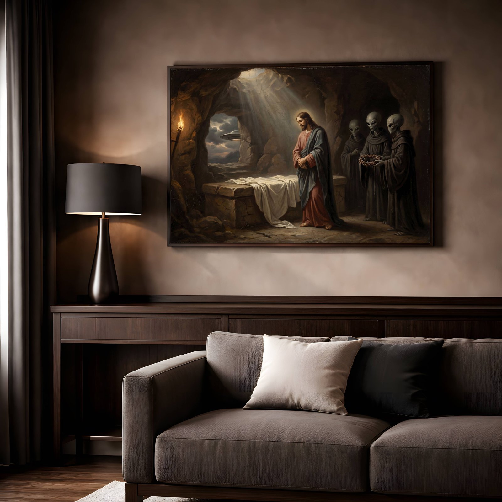 Atmospheric dark painting of Jesus at the empty tomb surrounded by grey aliens in robes, with torchlight and divine rays in a cave setting – unframed moody bedroom wall poster, ufoposter.com
