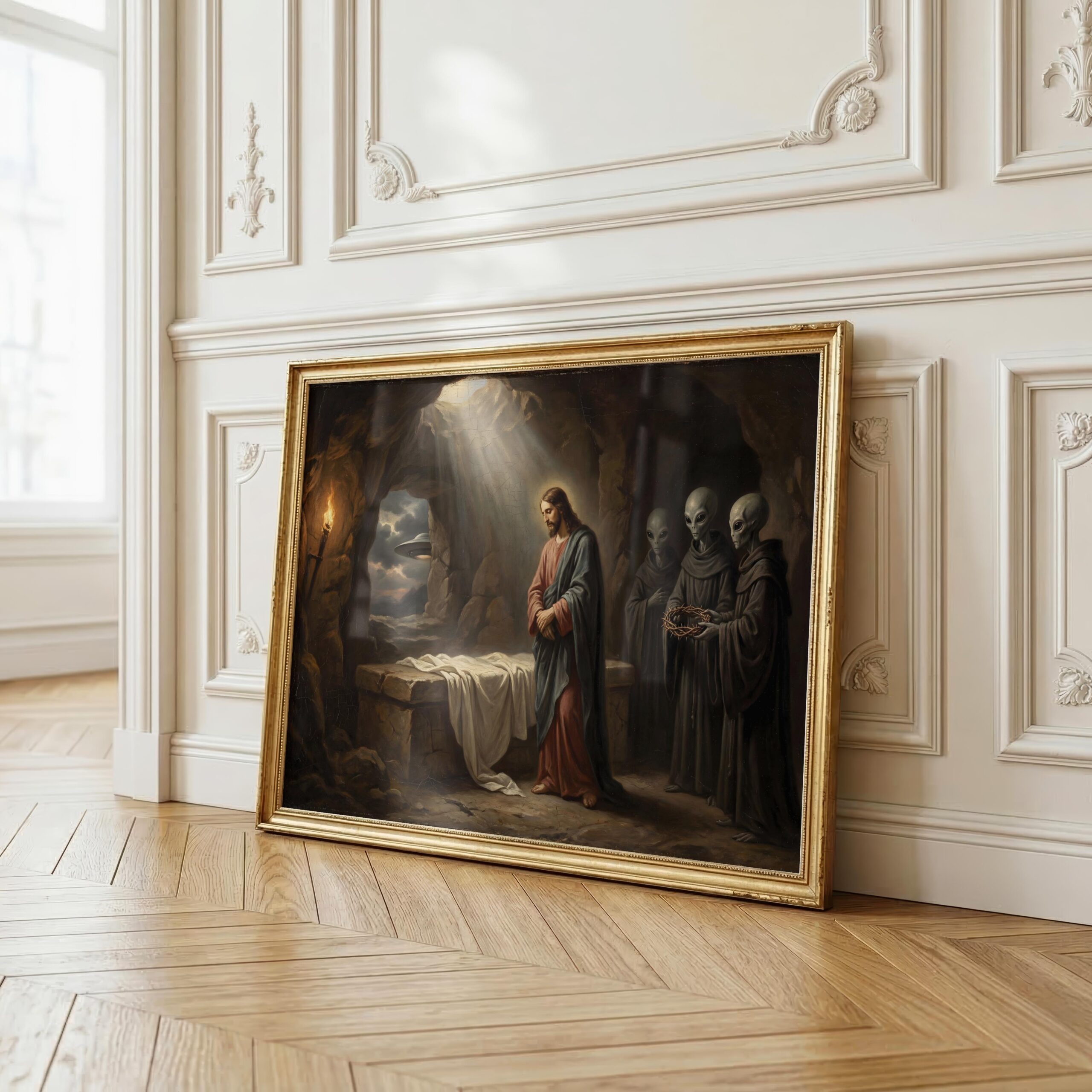 Resurrection biblical UFO art print — dark renaissance painting with alien witnesses and UFO