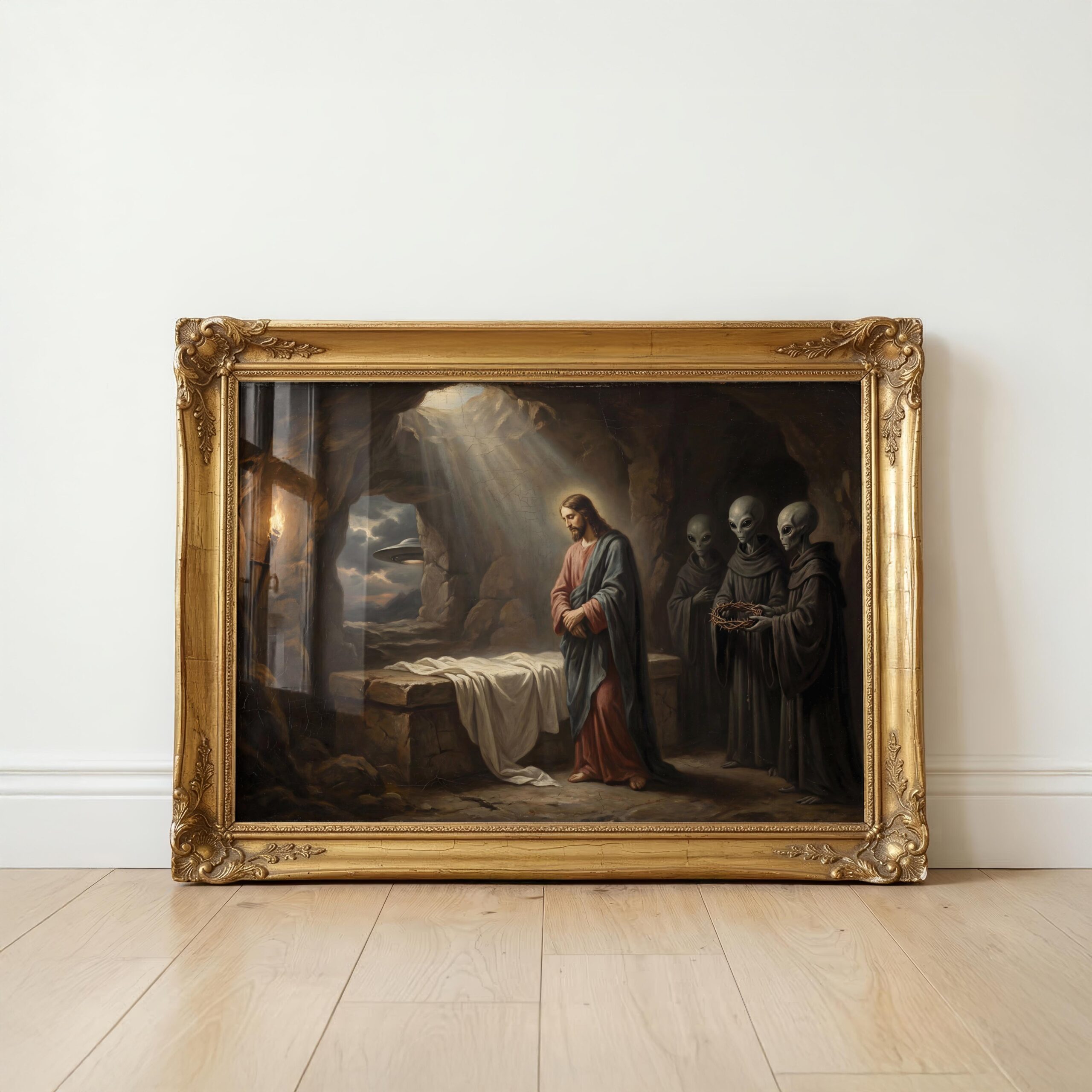 Biblical UFO wall art — Old Master style resurrection with extraterrestrial beings