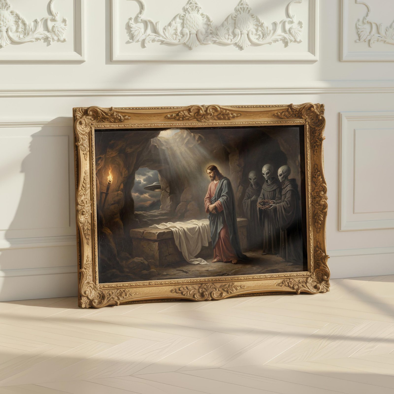 Dark renaissance art print — Jesus resurrection scene with alien figures and UFO in sky
