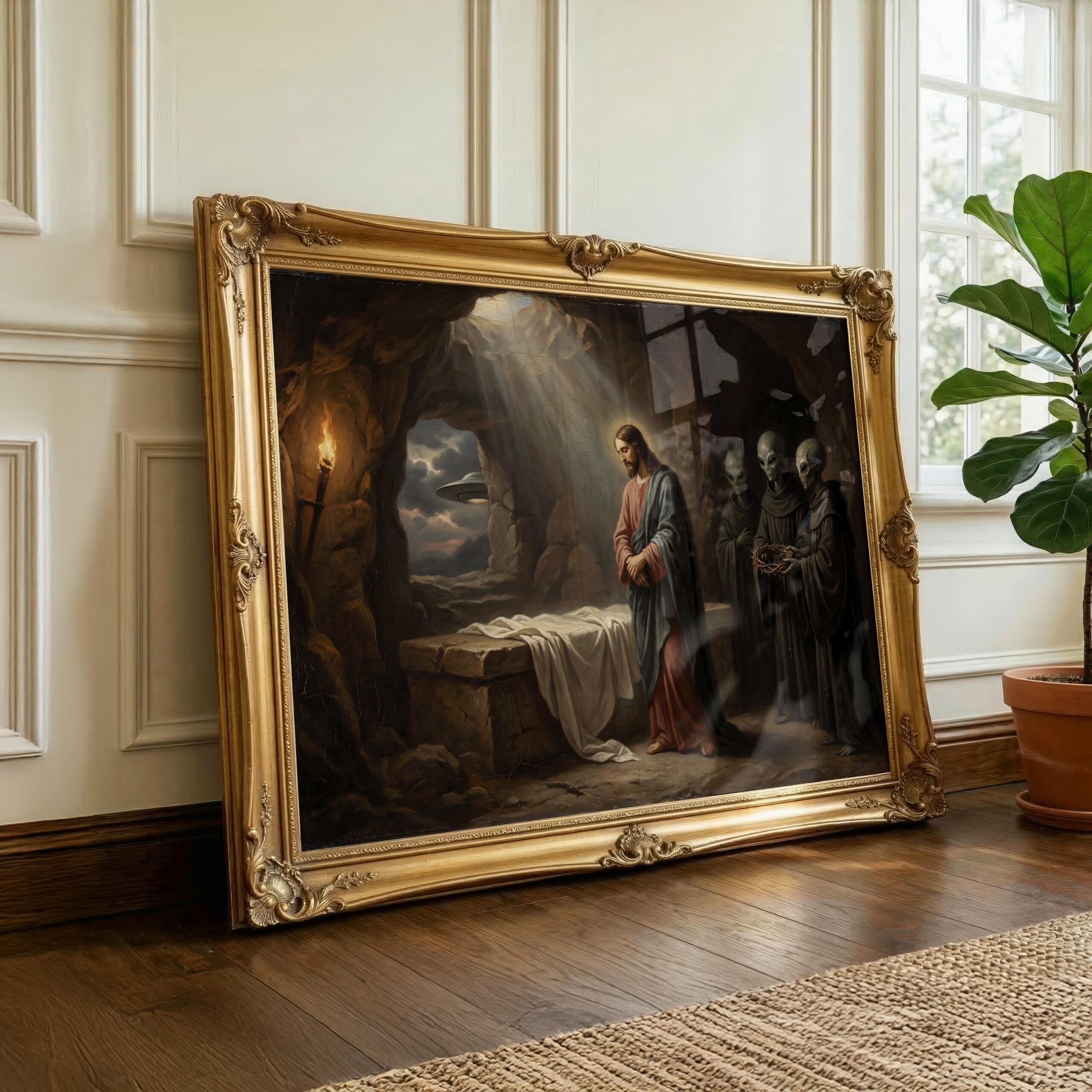 Surreal religious art print — alien witnesses at empty tomb with UFO, dark renaissance style