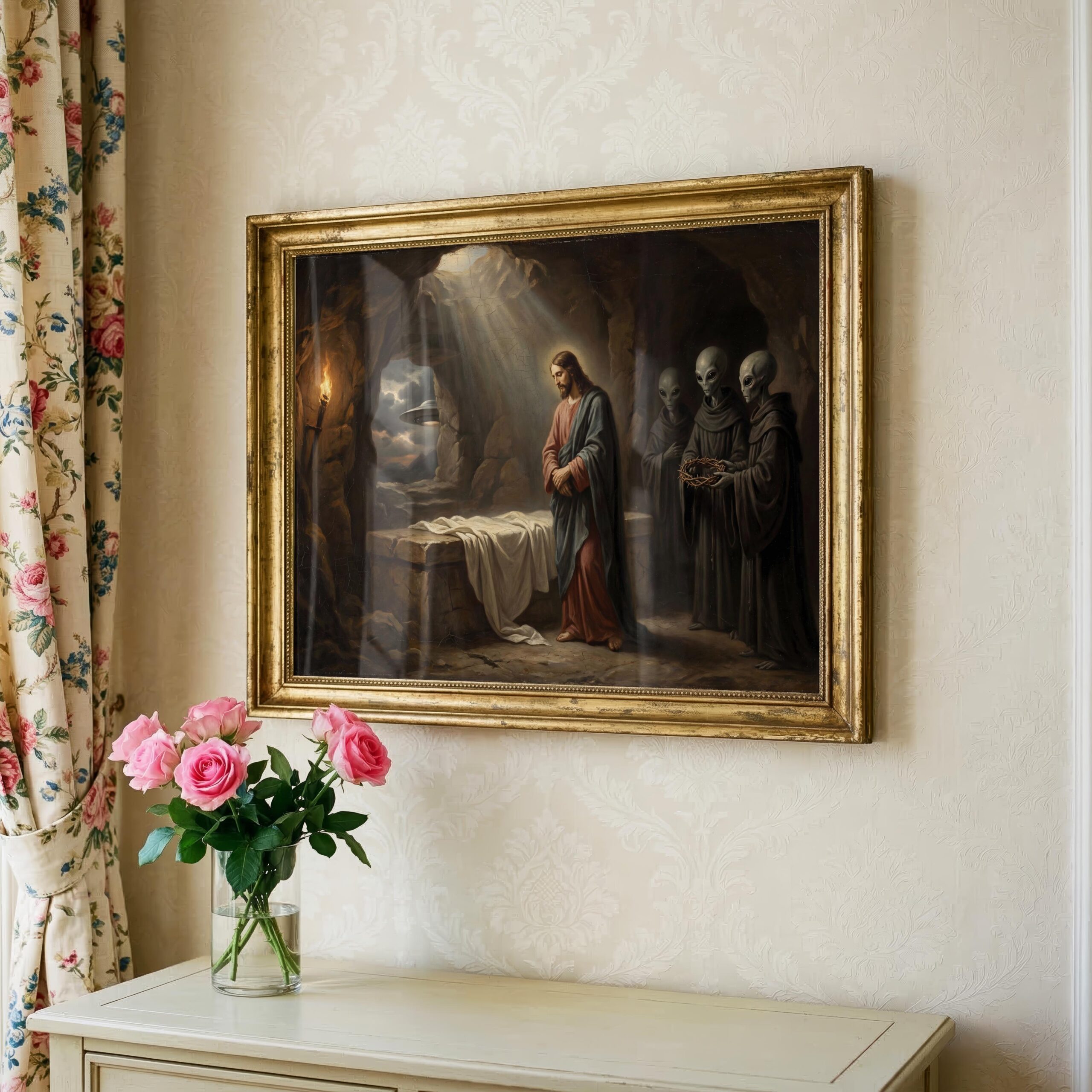 Ancient alien art print — renaissance resurrection painting with grey aliens and flying saucer