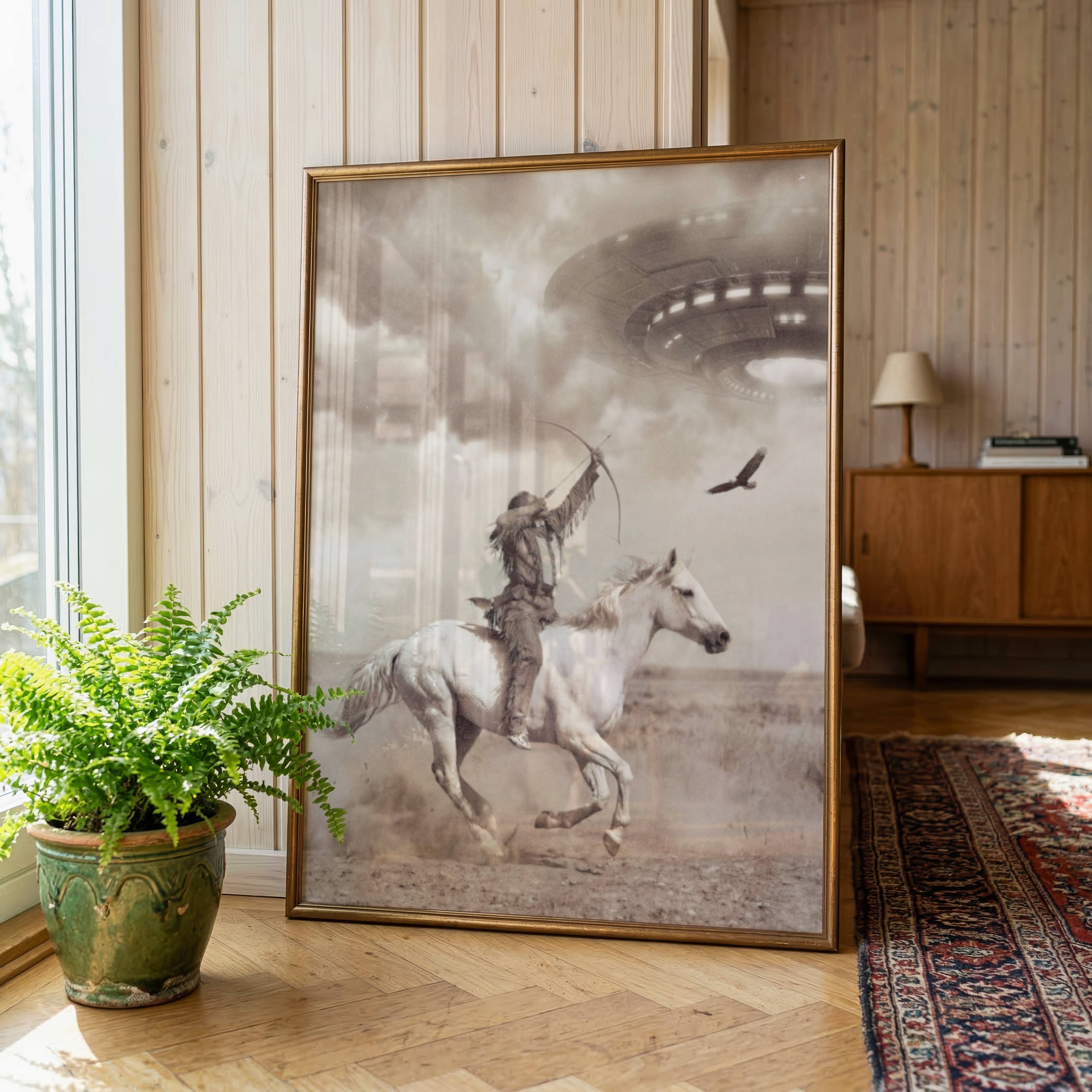 Vintage sepia-toned surreal art print of a Native American warrior on a galloping horse drawing a bow toward a massive glowing UFO in a dramatic stormy sky with an eagle soaring alongside, displayed in a Scandinavian-style interior, adding cinematic depth and powerful surreal storytelling to a minimal space.