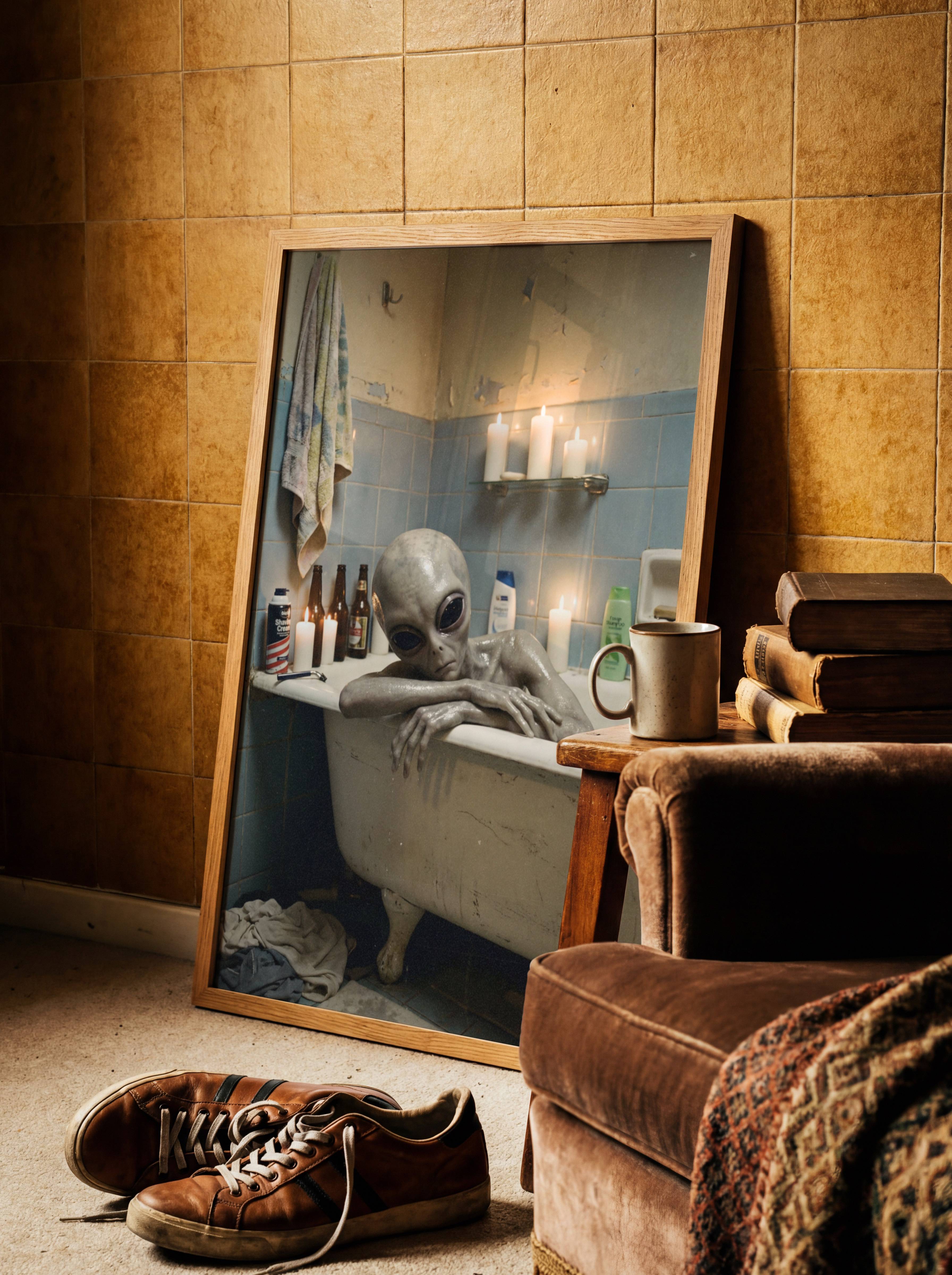 Angled retro shot of a grey alien soaking in a worn clawfoot bathtub in a dim candlelit bathroom with beer bottles, shaving cream and clothes on the floor around it – unframed funny sci-fi wall poster, ufoposter.com