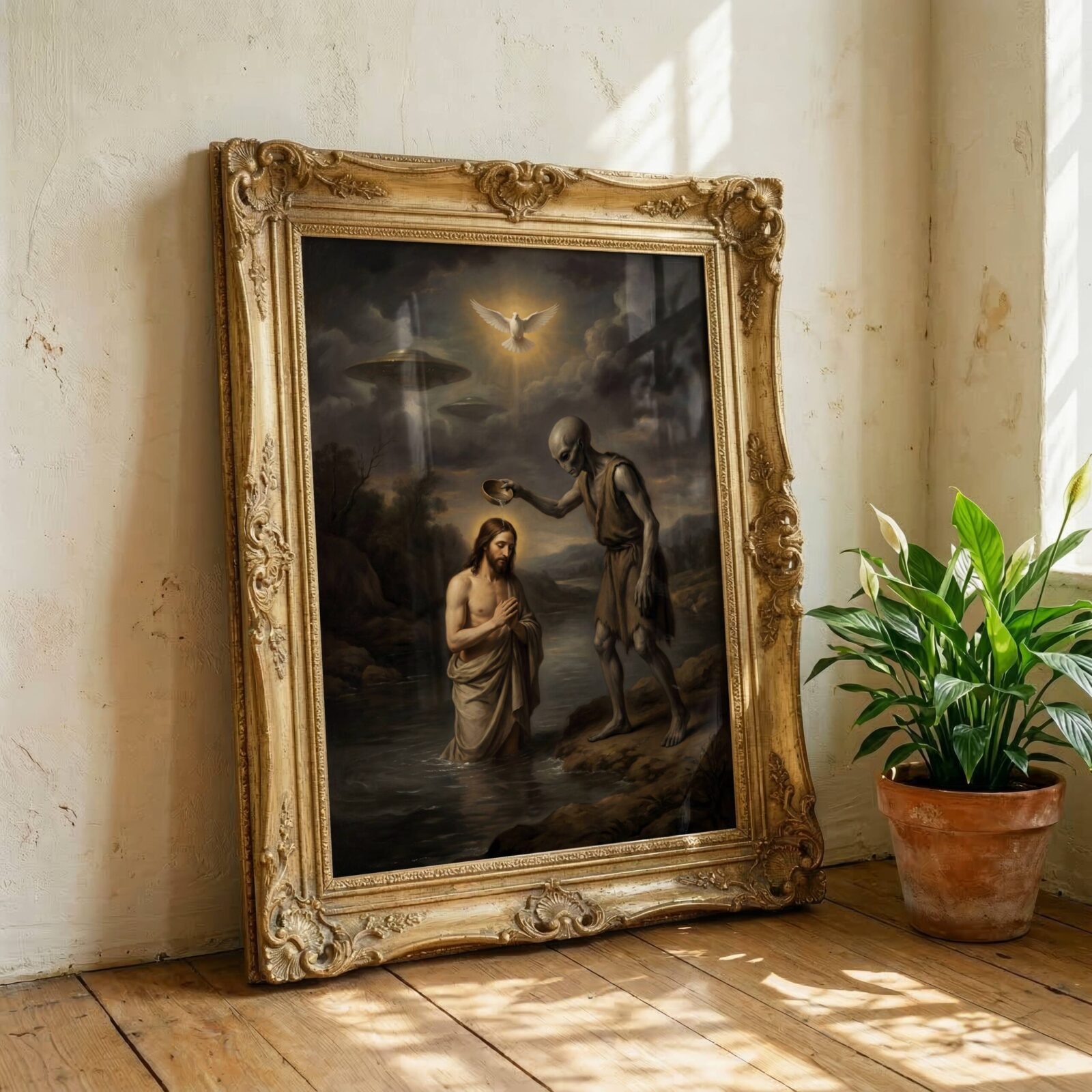 Surreal religious art — alien baptising Jesus with UFO, dark wall decor