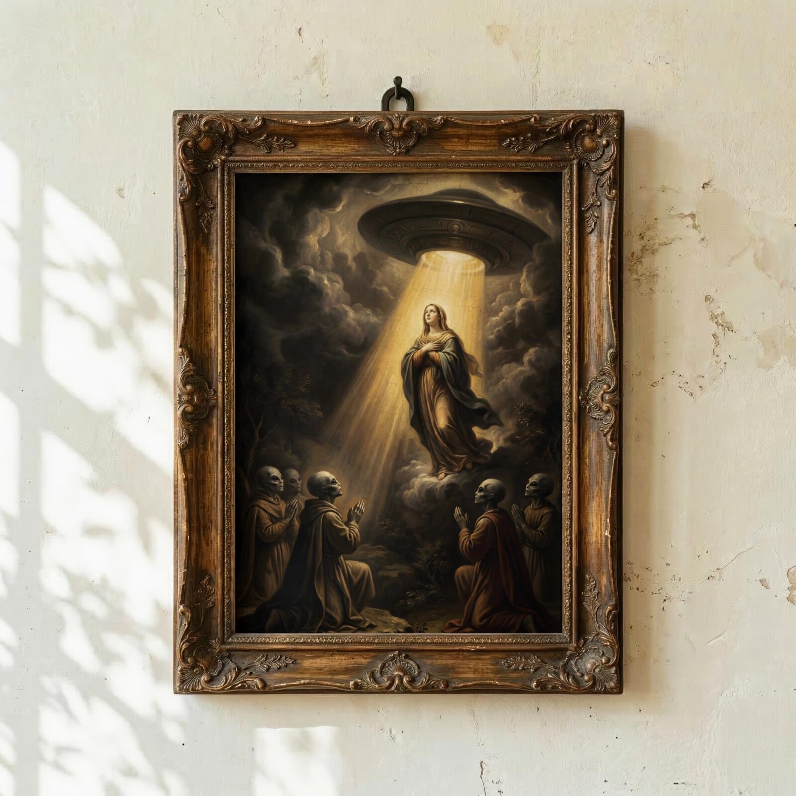Biblical UFO art print — dark renaissance Assumption with UFO and aliens