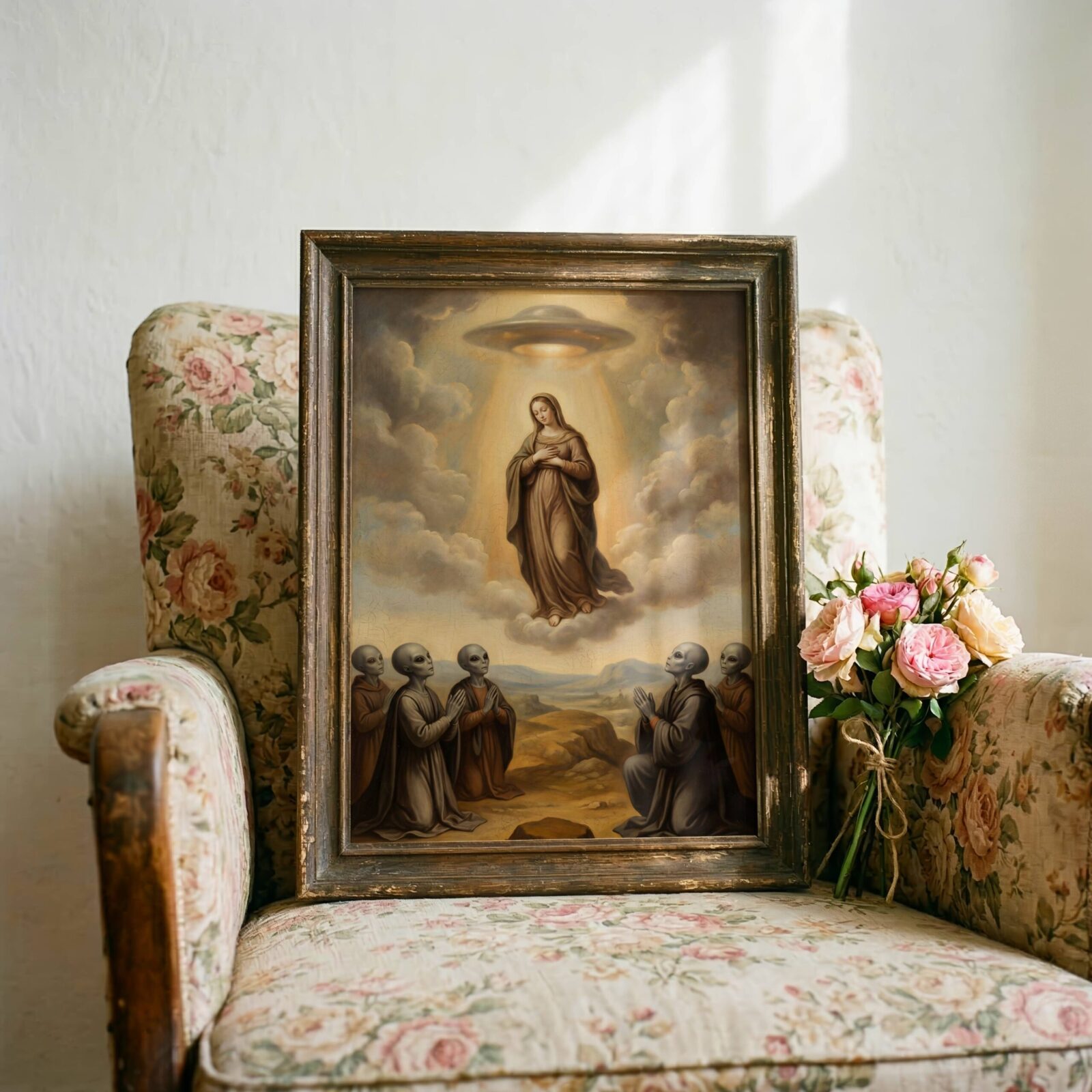 Assumption biblical UFO art print — golden renaissance painting with UFO beam and kneeling aliens