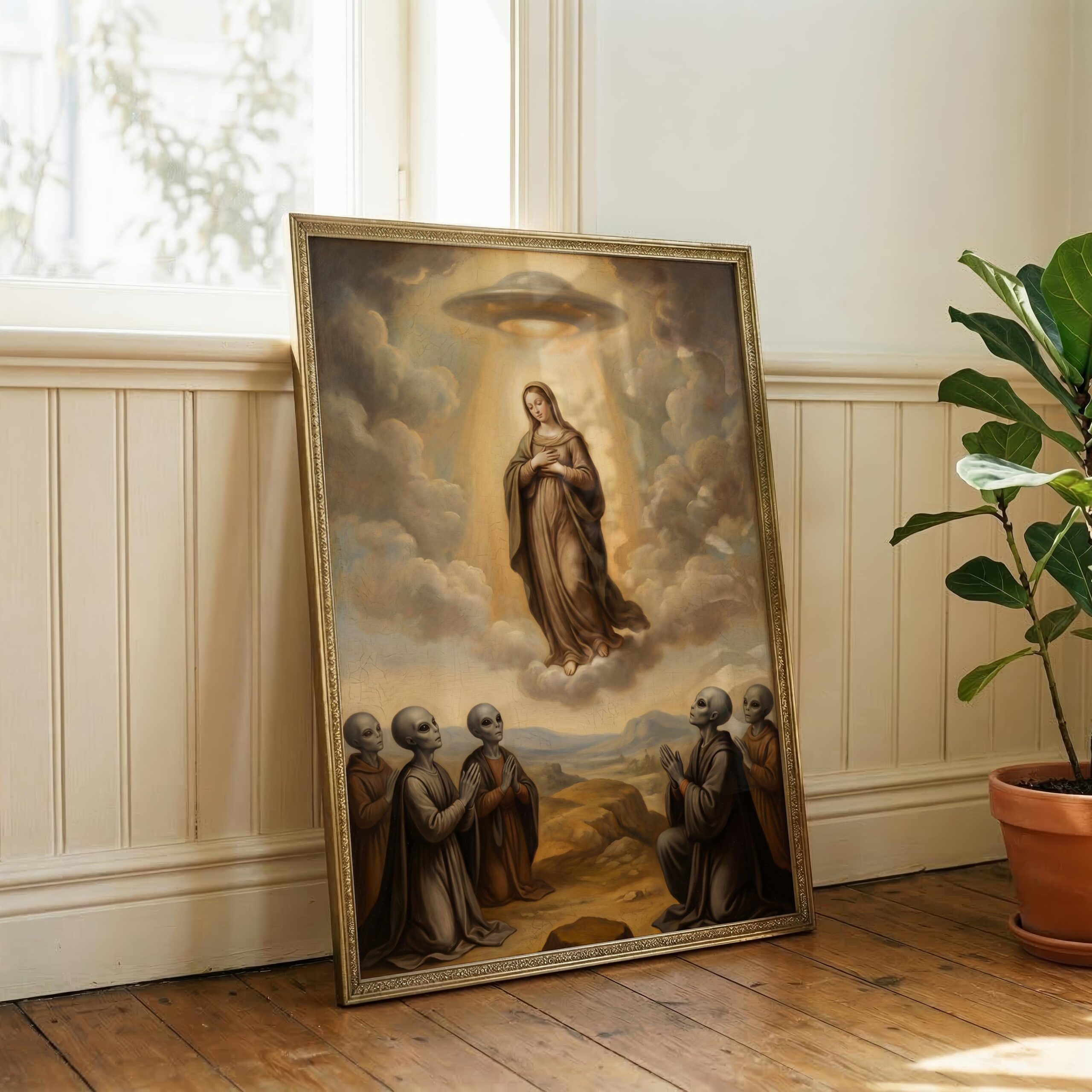 Light renaissance art print — Virgin Mary assumption scene with UFO and alien witnesses in gold tones