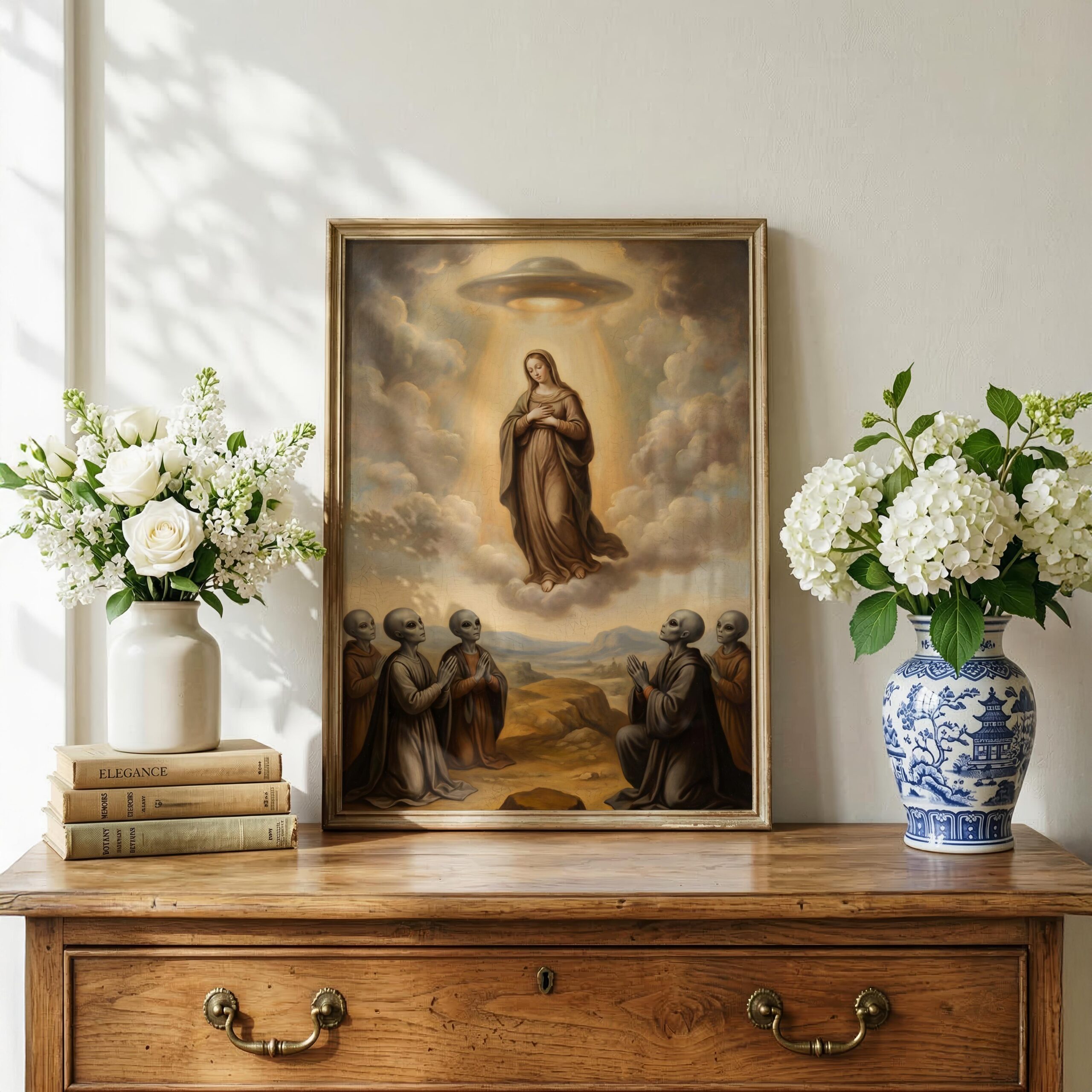 Biblical UFO wall art — Old Master style Assumption with extraterrestrial beings kneeling in desert