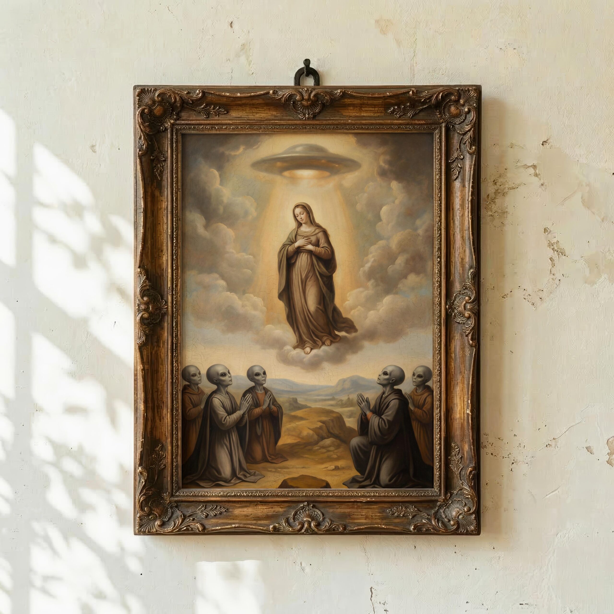 Surreal religious art print — alien figures worshipping Mary lifted by golden UFO beam in clouds