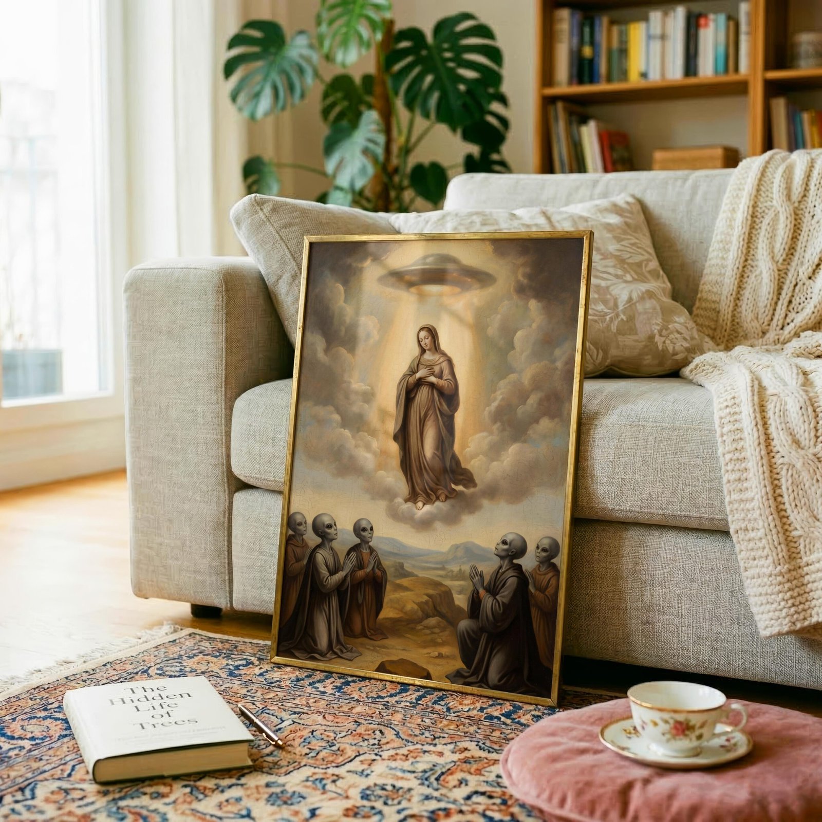 Ancient alien art print — renaissance Assumption of Mary with grey aliens praying in warm light