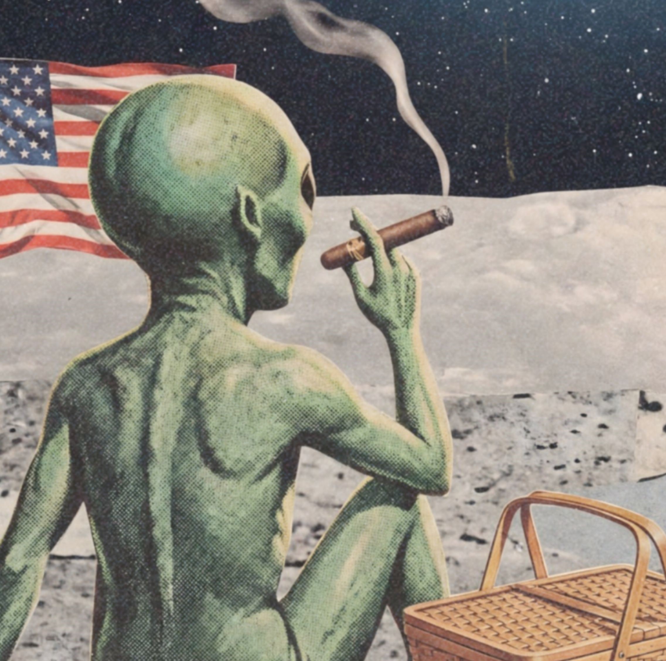 Intimate dark retro close-up of a green alien's profile smoking a cigar on the lunar surface, heart-shaped smoke curling upward into a starry black sky with a glowing blue Earth and American flag visible behind – unframed retro moon collage detail poster, ufoposter.com