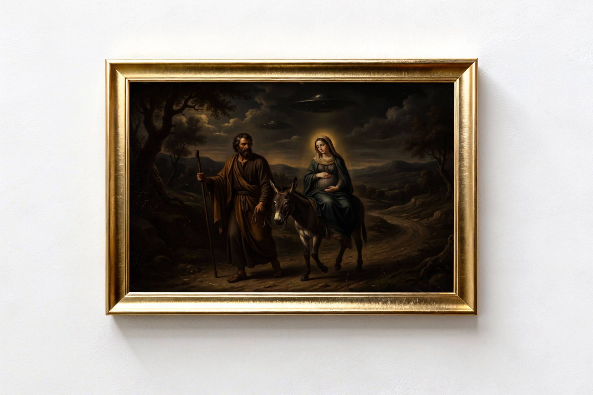 Premium dramatic dark oil-style painting of Joseph and pregnant Mary riding a donkey on a dark winding road through an ancient stormy landscape, two UFOs drifting silently through churning clouds above the hills in a hauntingly beautiful old master sci-fi reimagining — deeply powerful dark religious sci-fi wall art – unframed dark biblical alien art poster, ufoposter.com